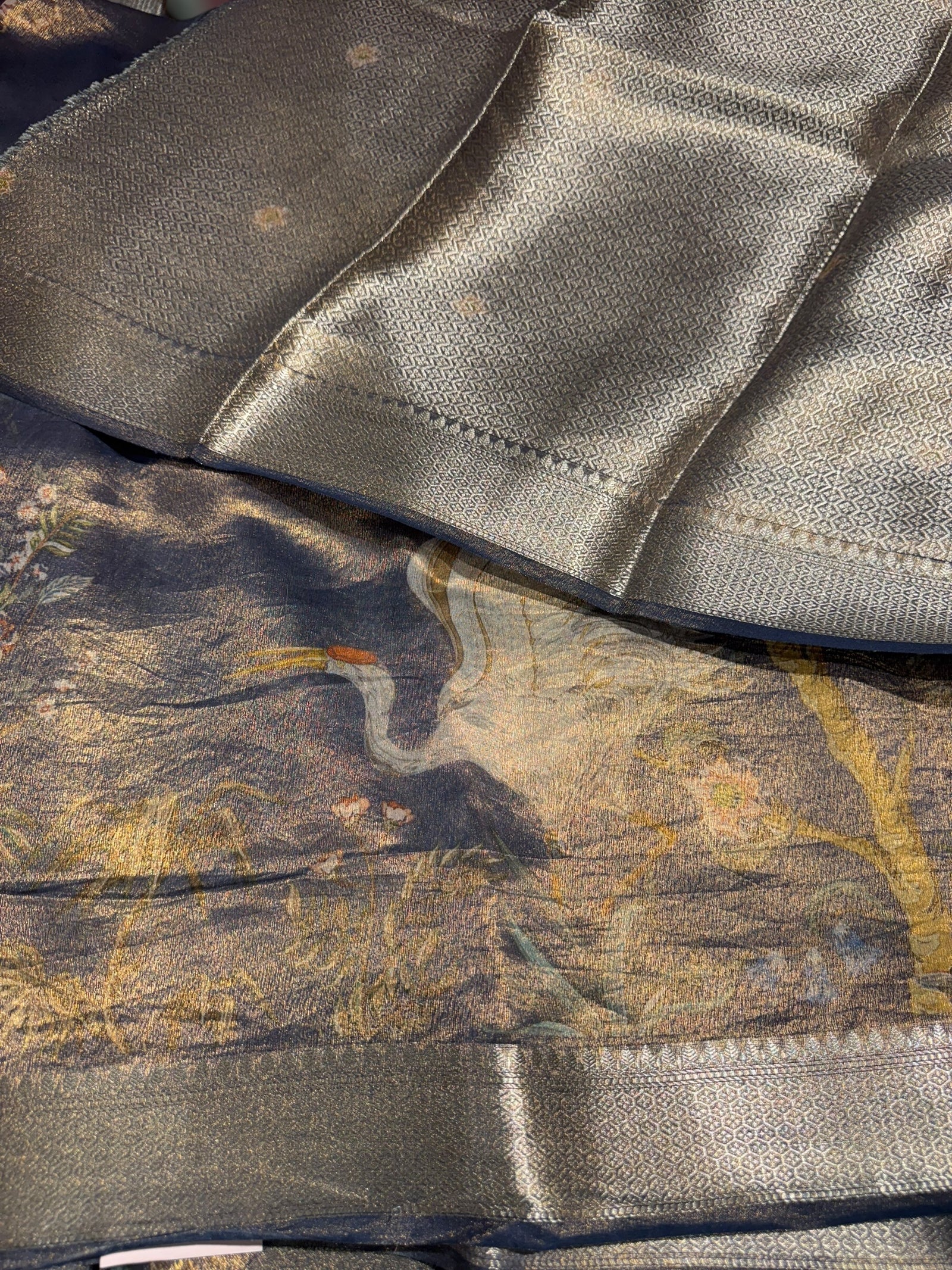 Midnight Blue Printed Banarasi Cotton Tissue