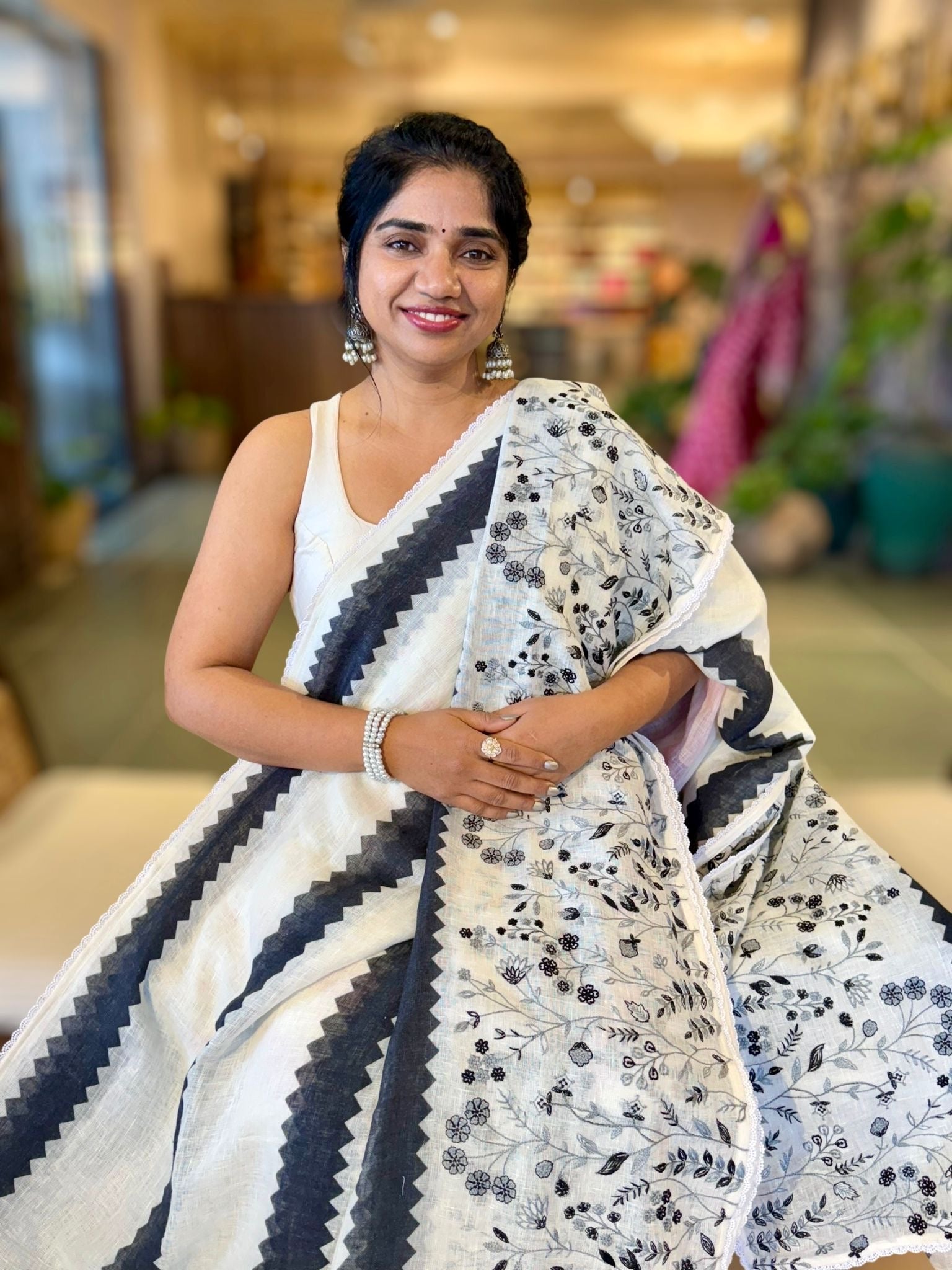 Black &White Lenin Saree With Embroidered Skirt Border