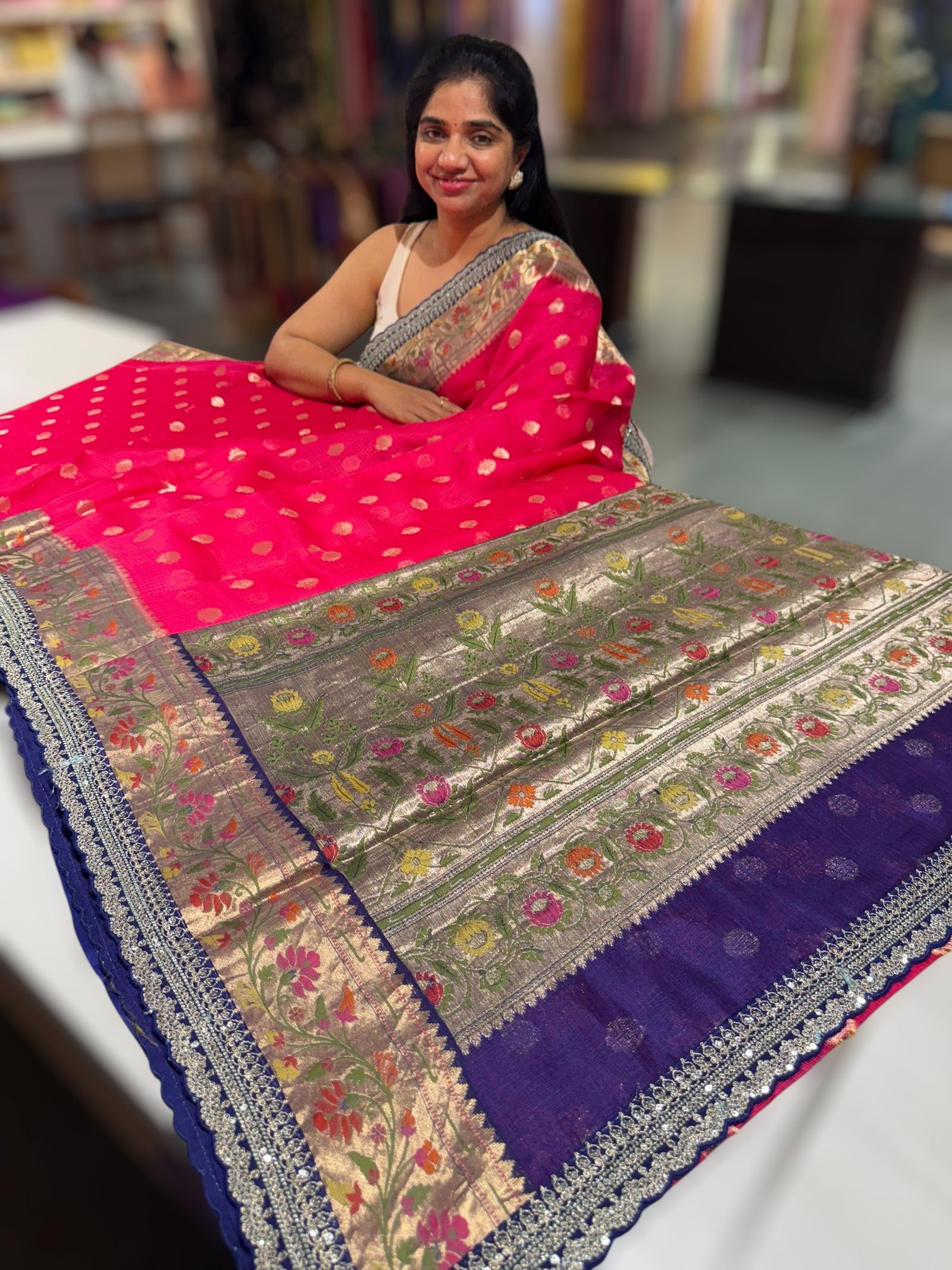 Reddish Pink Designer Silk kota saree