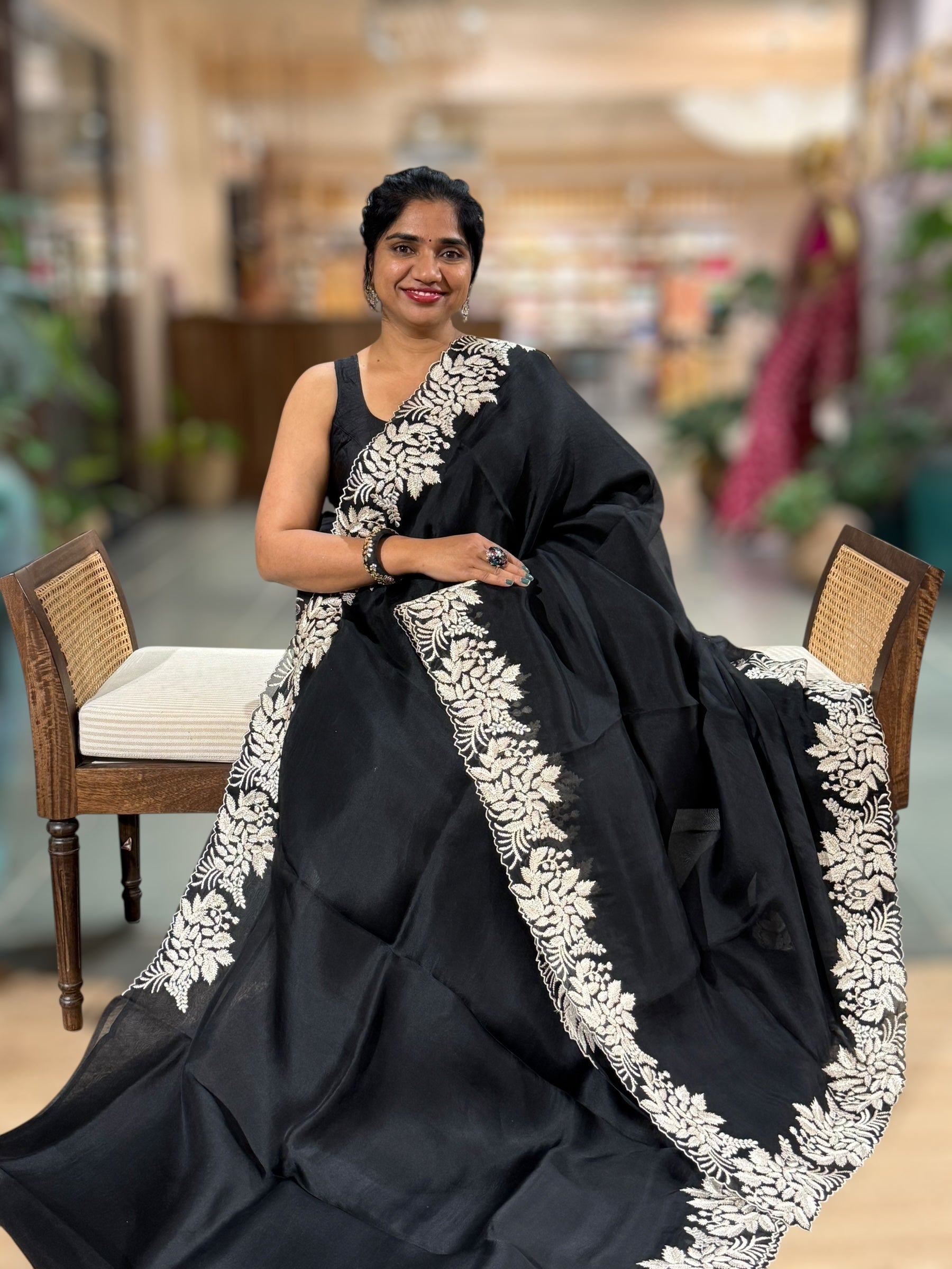 Black Organza Saree With Resham Embroidery Border