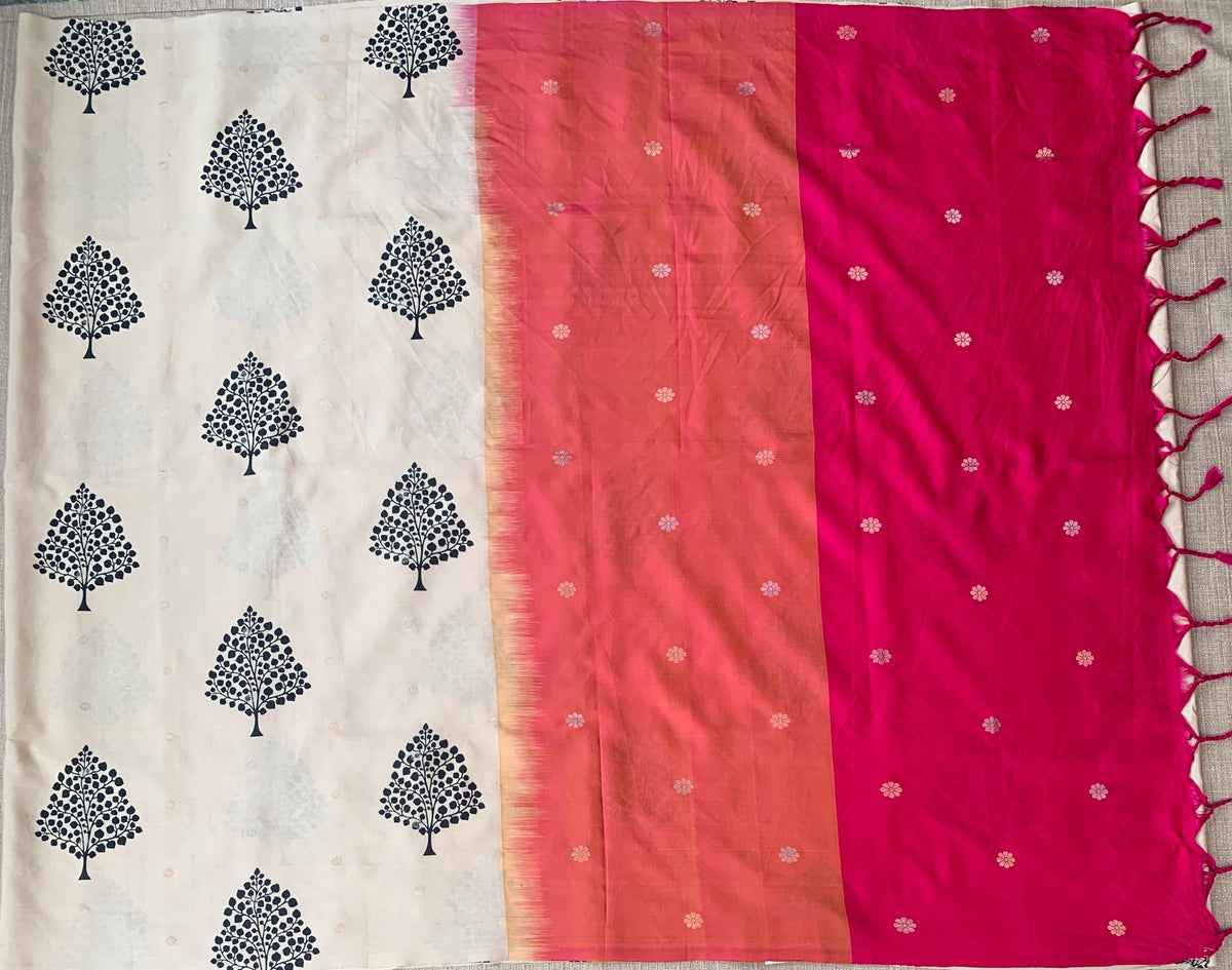 Beige Border less Designer printed kanchi silk saree with double color pallu