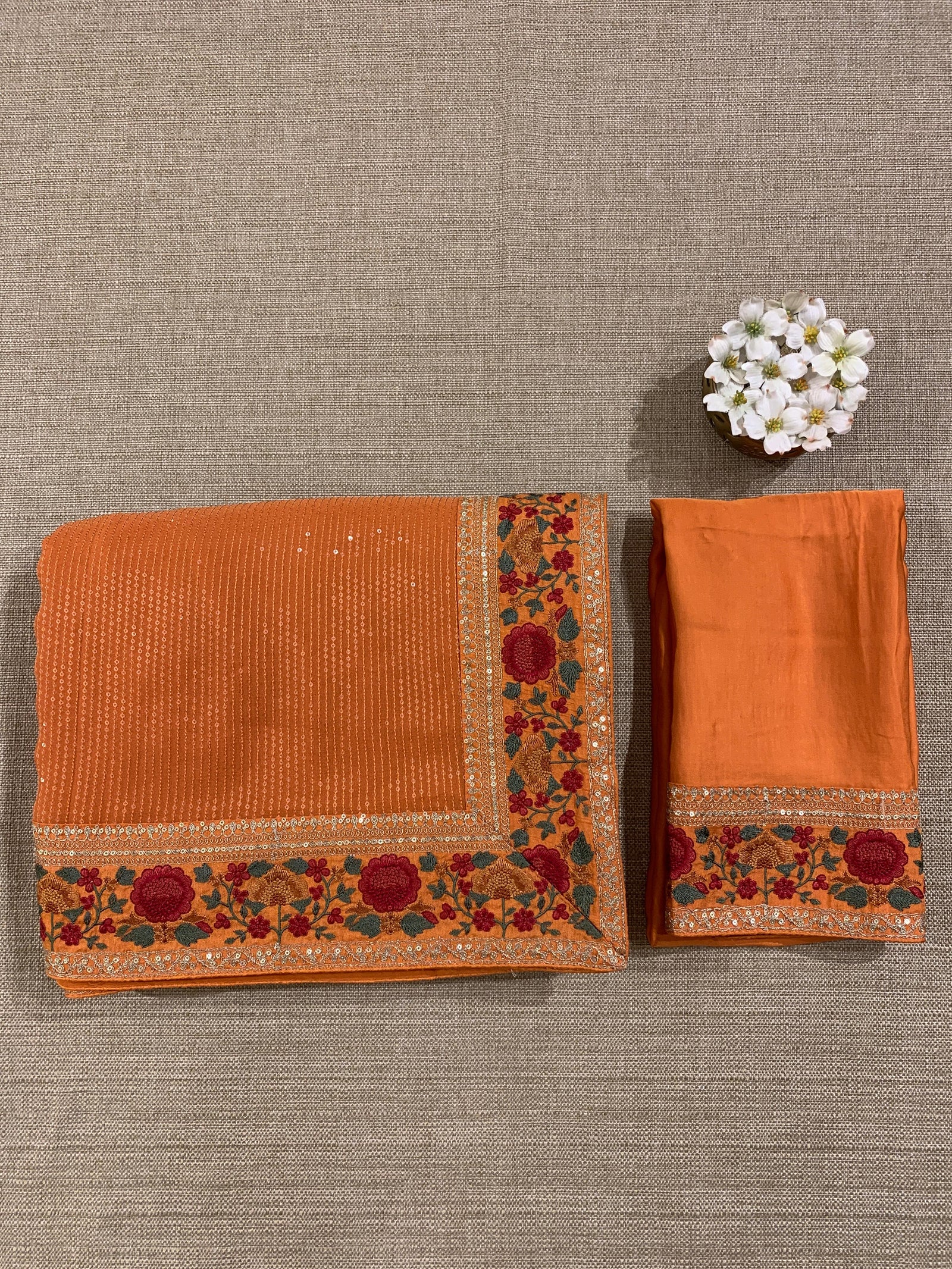 Orange Georgette sequnce Saree with Sabyasachi borders