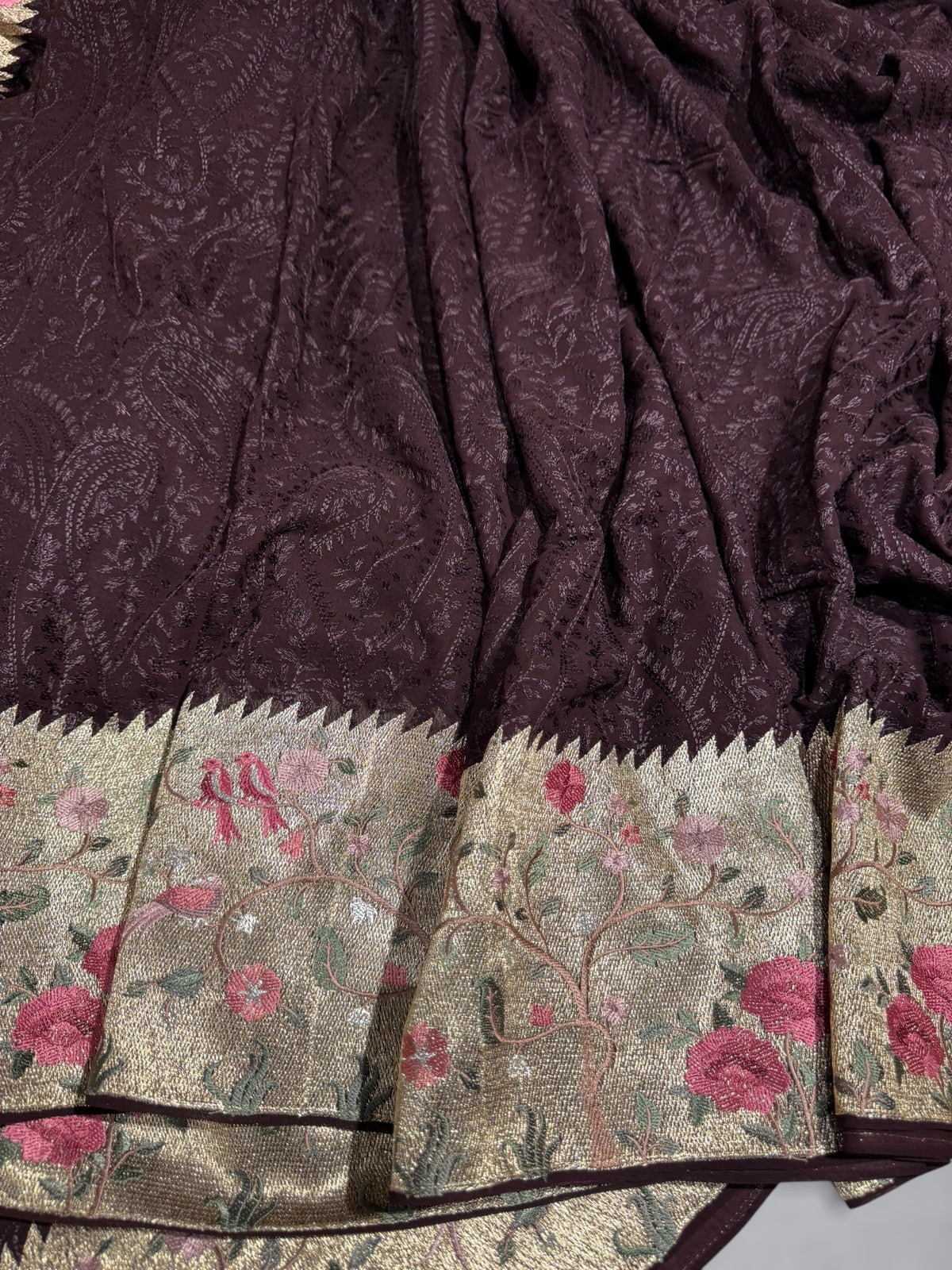 Brown Chikankari Georgette Saree with Tissue embroidered Border