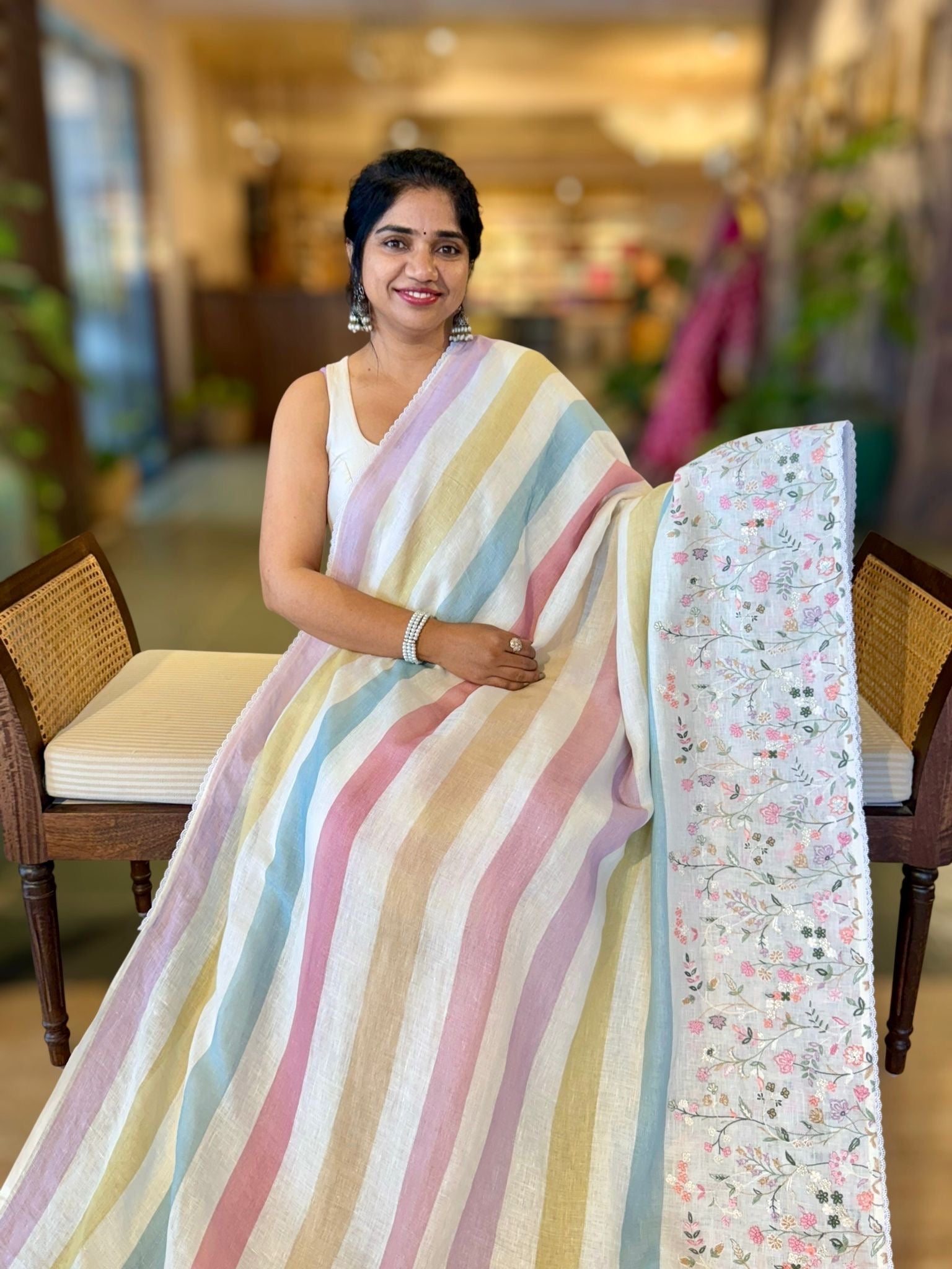 Lenin Saree with Multi Colors stripes and Embroidered Border