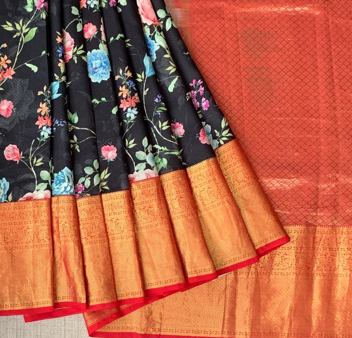 Black Designer printed kanchi silk saree