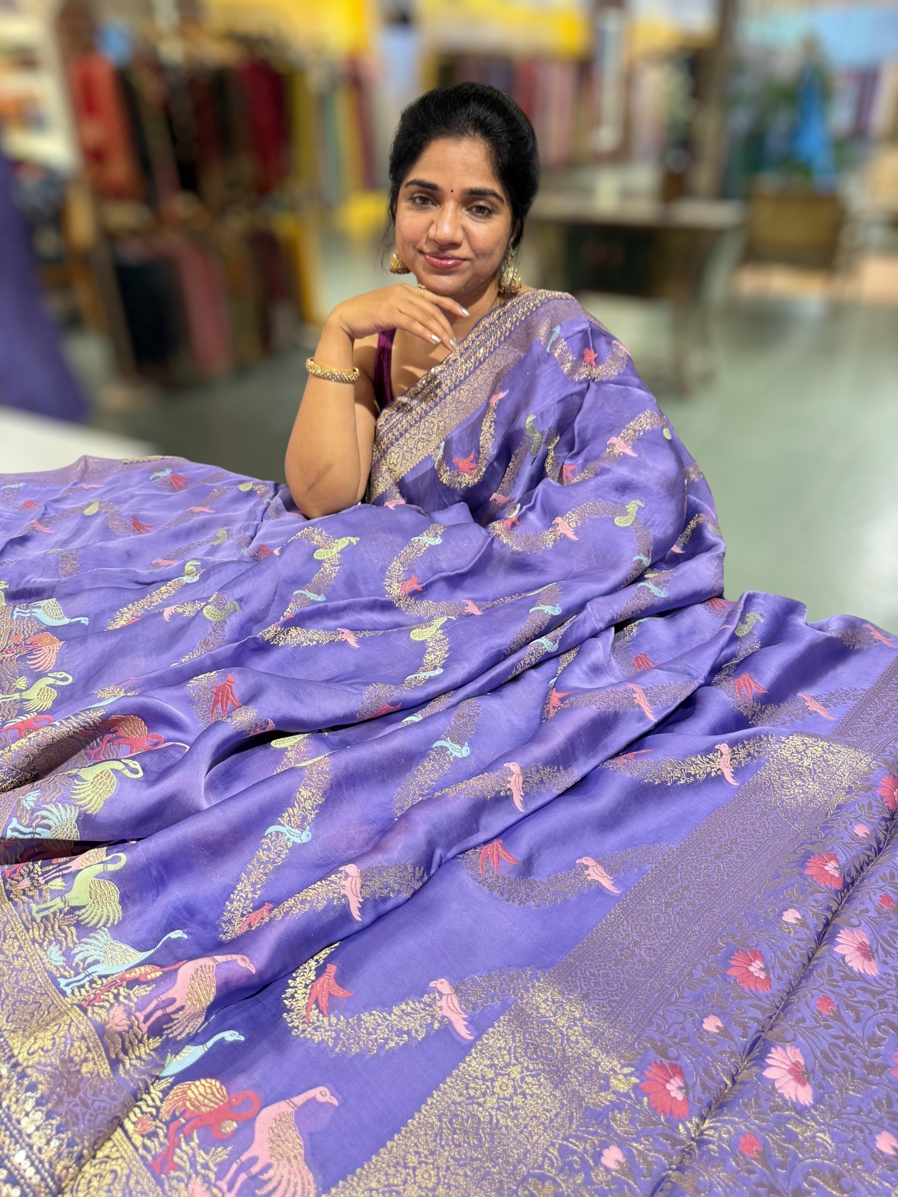 Lavender Mashru Silk Saree with allover weaving and Sahbysachi borders and Blouse