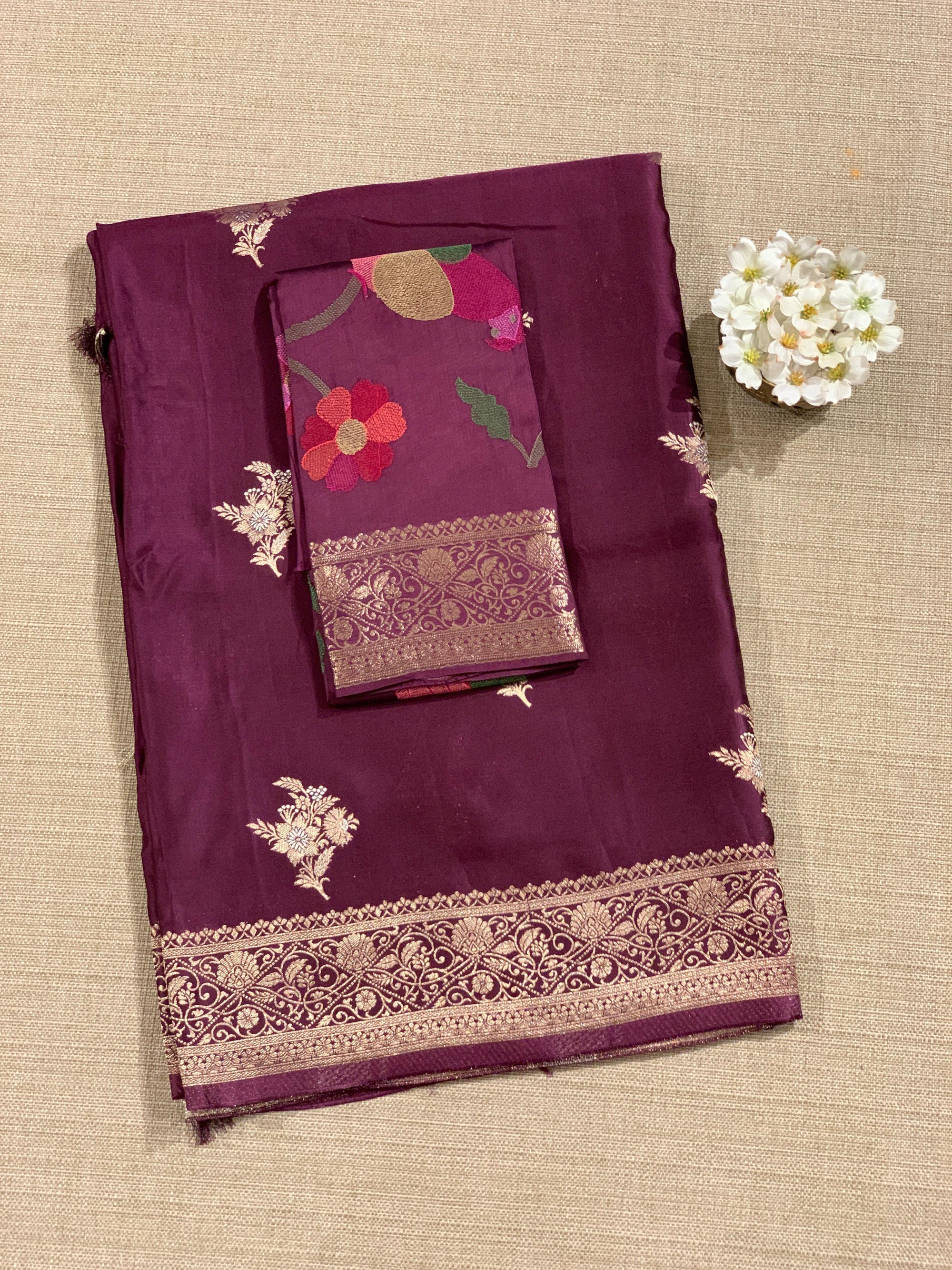 Wine Mashru Silk Saree with Paithani inspired embroidered blouse
