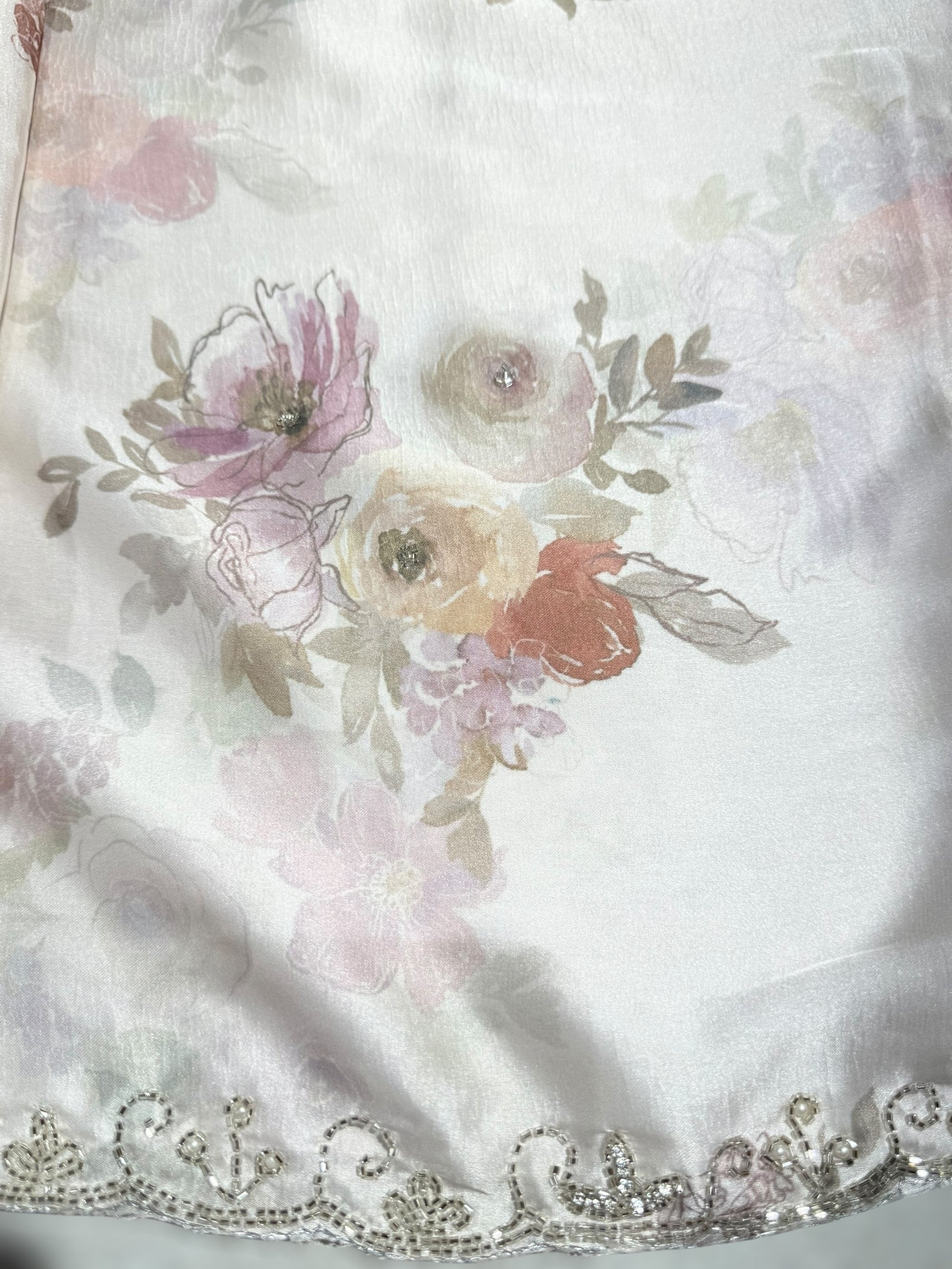 Pastel tone Pure chinnon crepe printed saree with handwork border