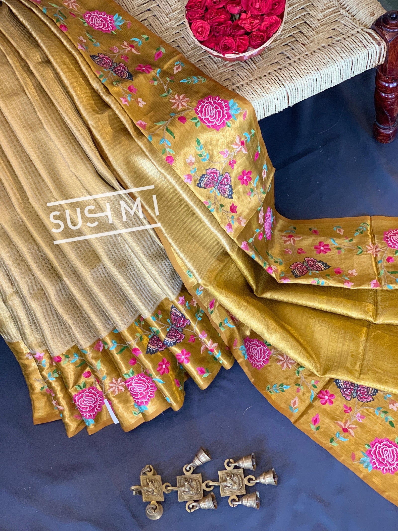 Gold Kanjeevaram Tissue Sareewith petite point embroidery : S62F086