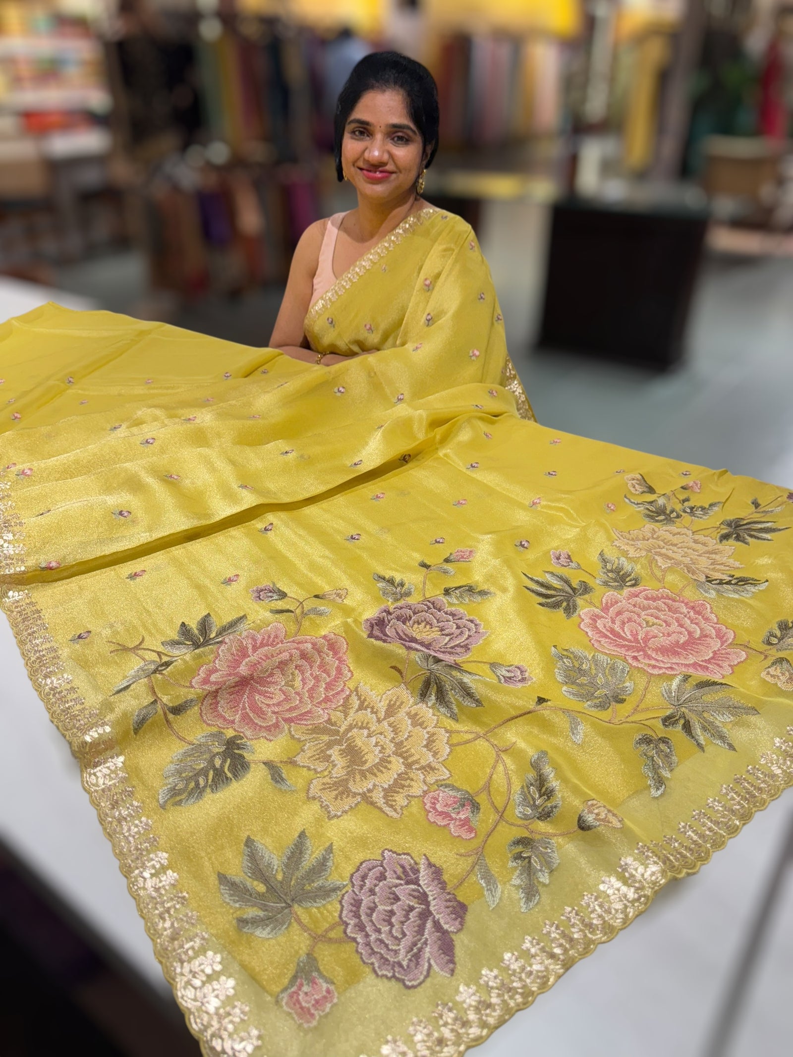 Lime Yellow Tissue Georgette Saree with petite point emb