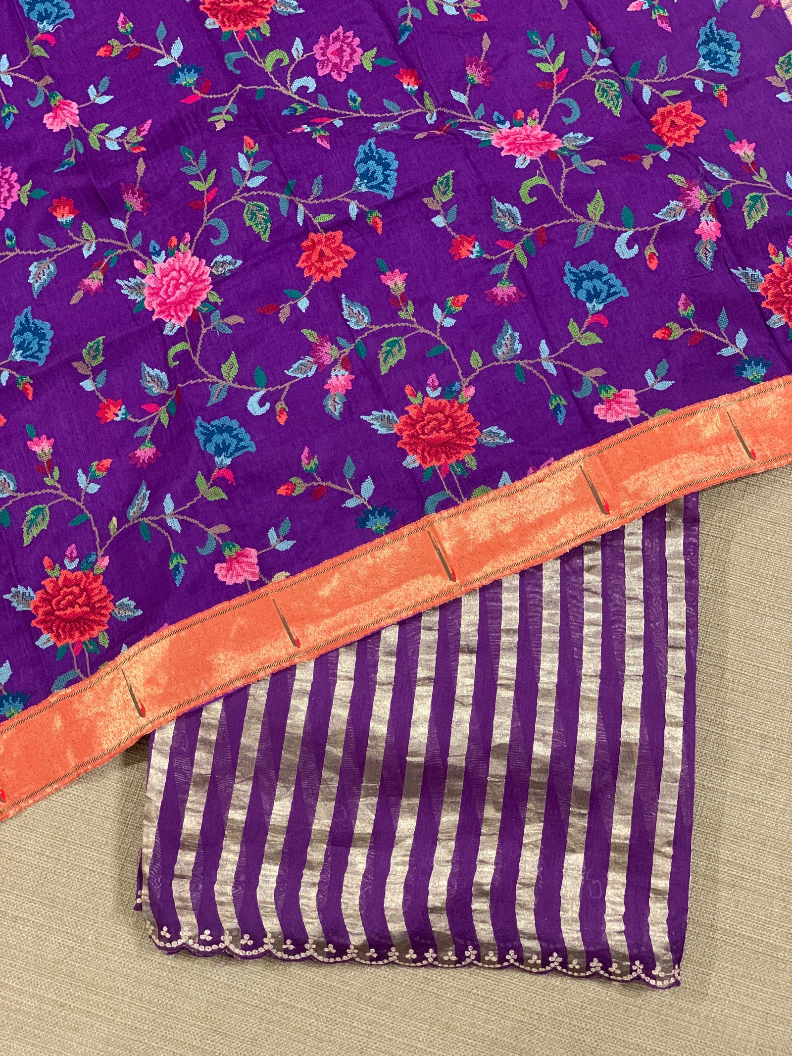 Purple Mul tissue stripes saree with fusion blouse : D62136