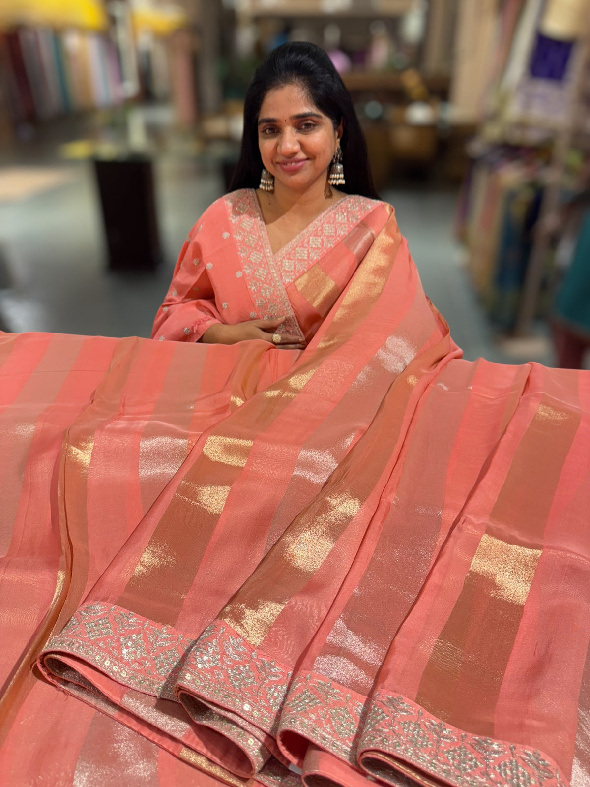 Coral kora tissue stripes saree