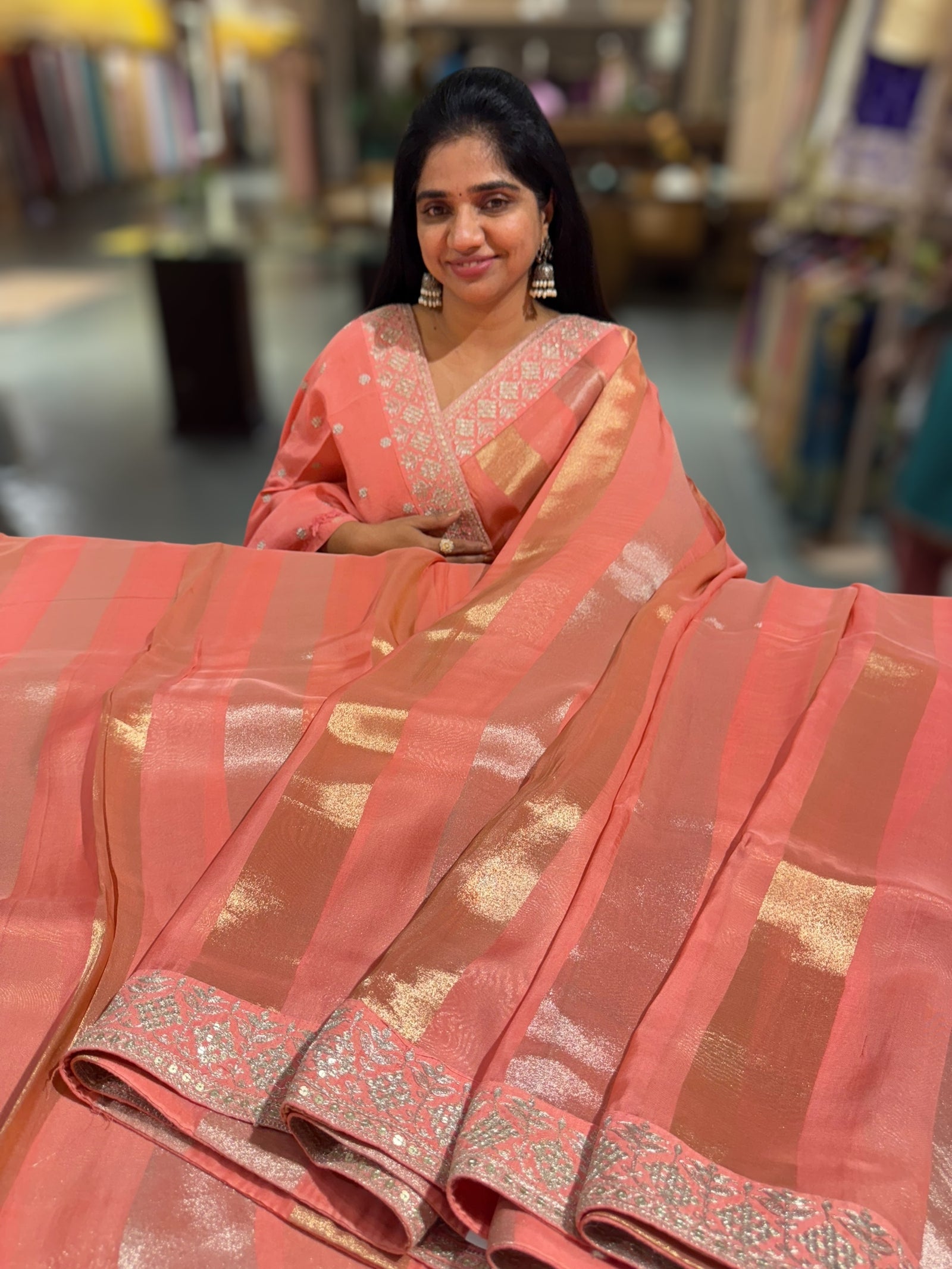 Coral kora tissue stripes saree