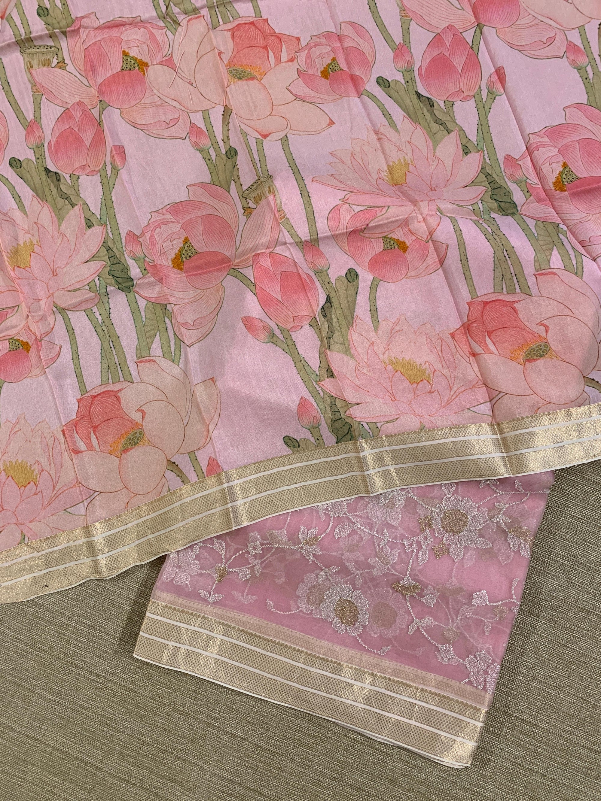 Pink Muslin allover embroidered Saree with pichwai printed blosue