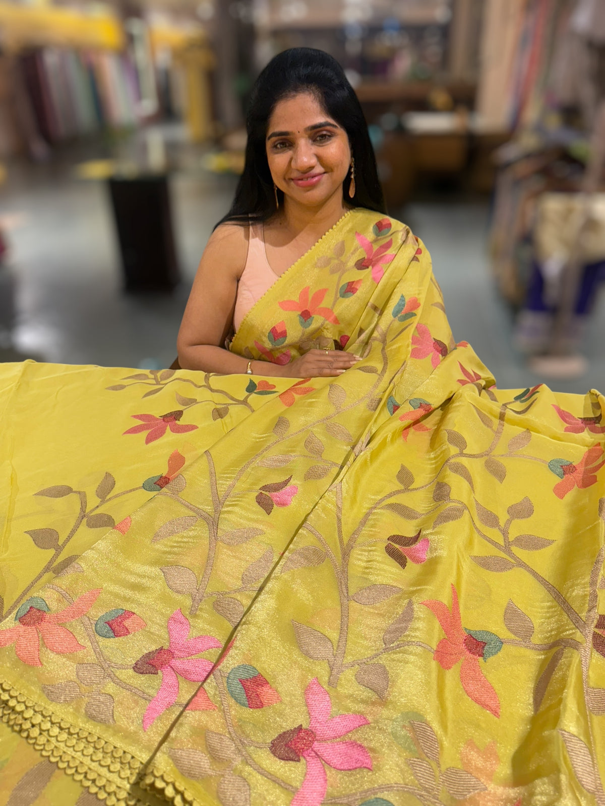 Lime yellow Tissue georgette saree with embroidery