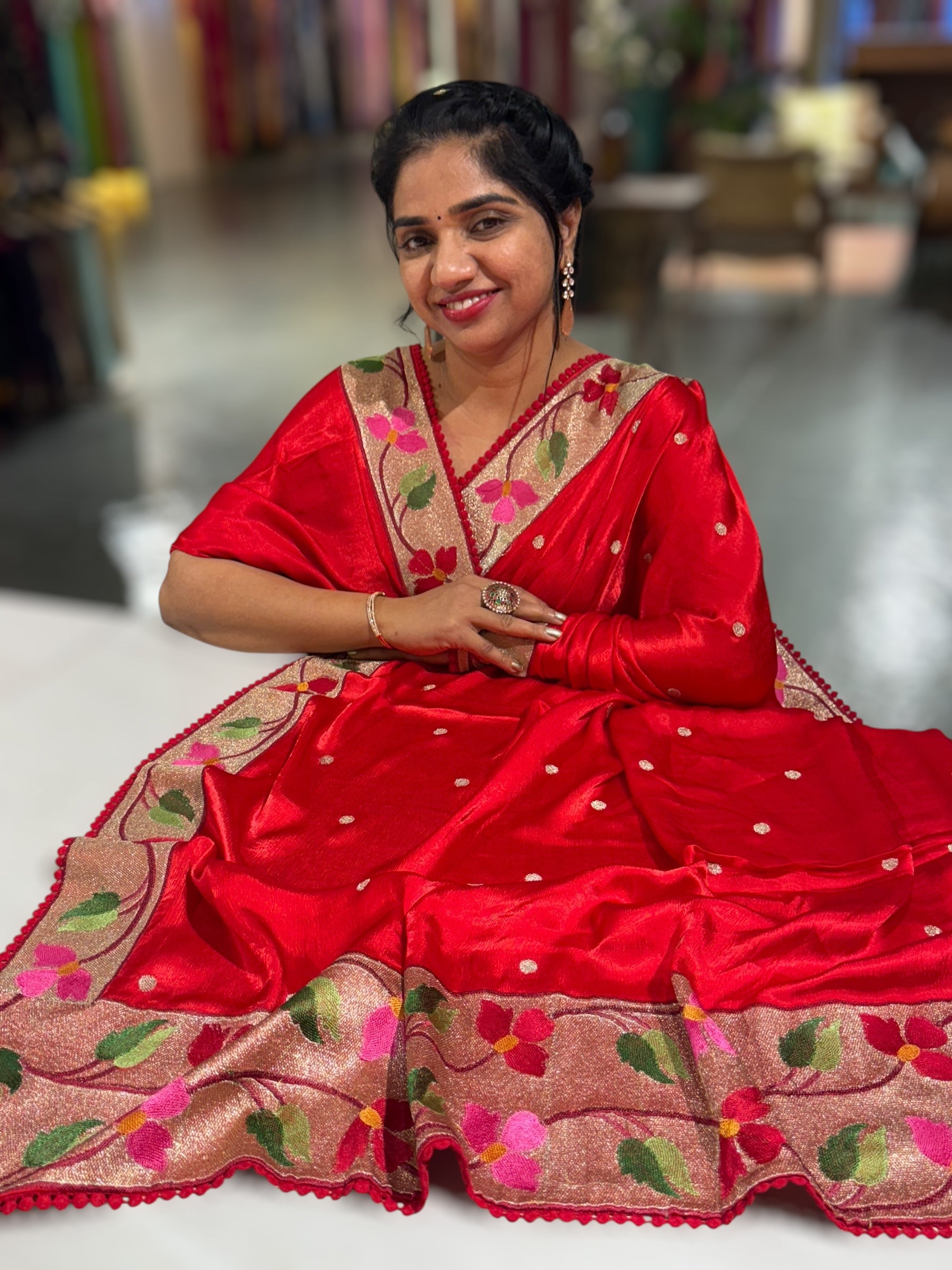 Red Satin Saree with Paithani Embroidered Border