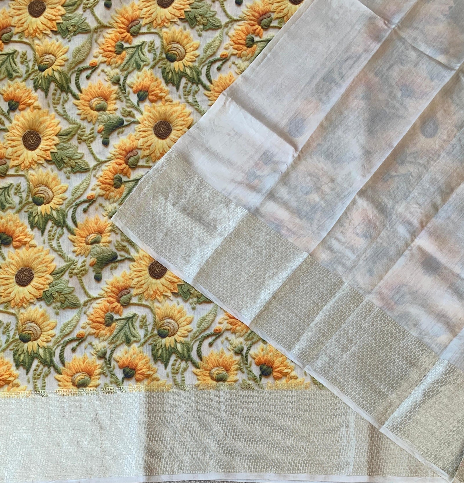 Banarasi Chiniya Silk Sarees with beautiful embroidery style 3D floral Print