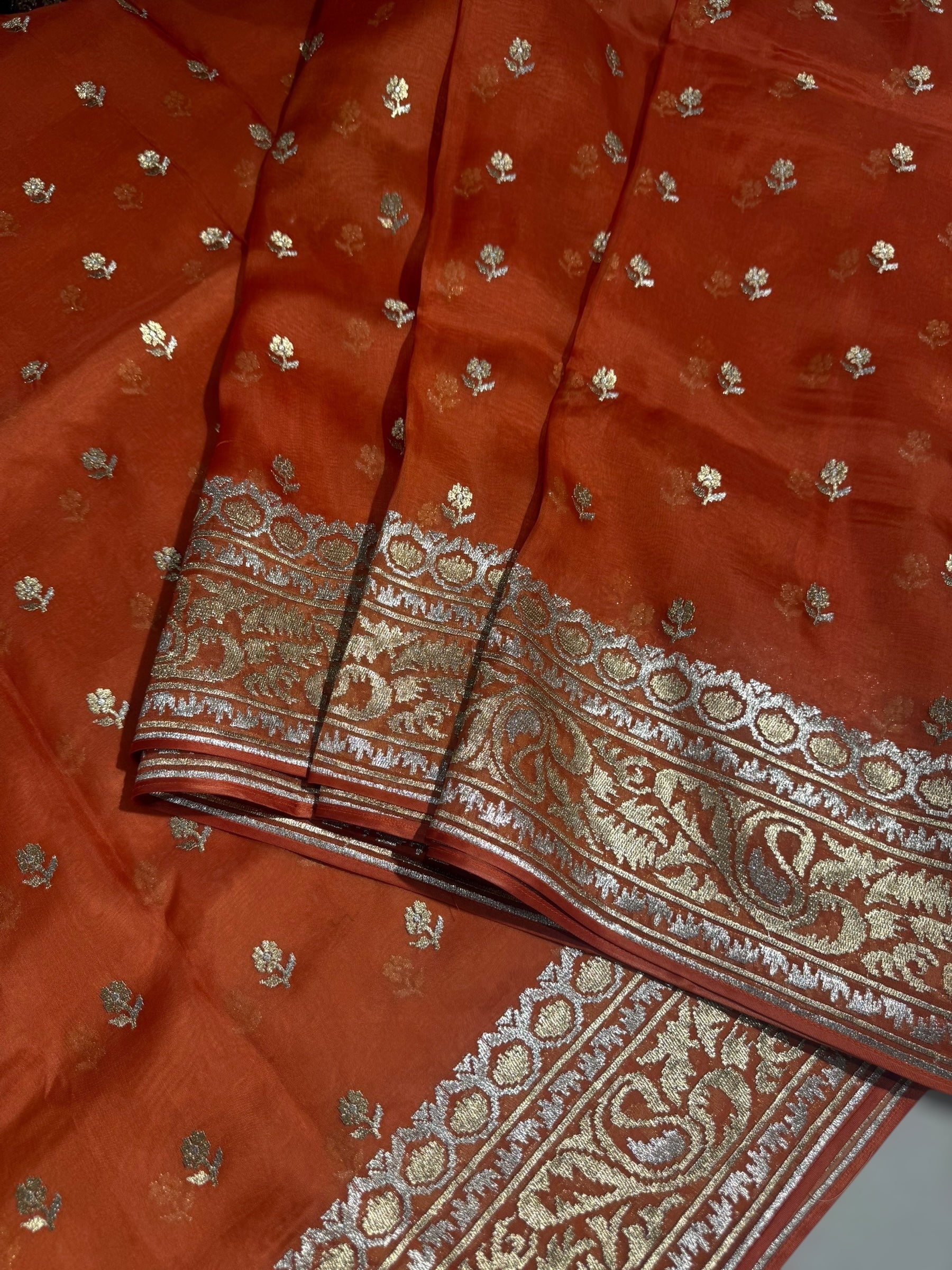 Orange Pure Organza Saree With Jamdani Inspired Embroidery