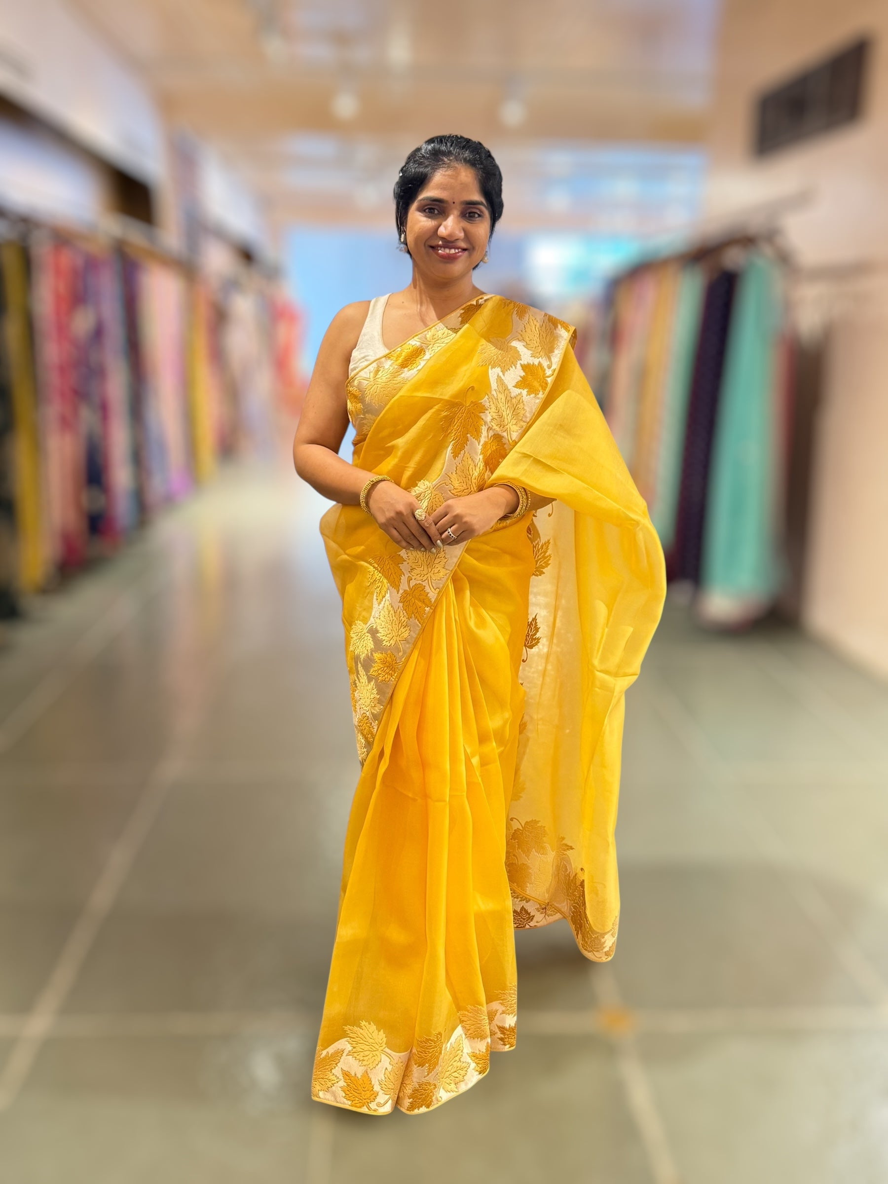 Yellow Organza Saree with Stunning Leaf Embroidered Border
