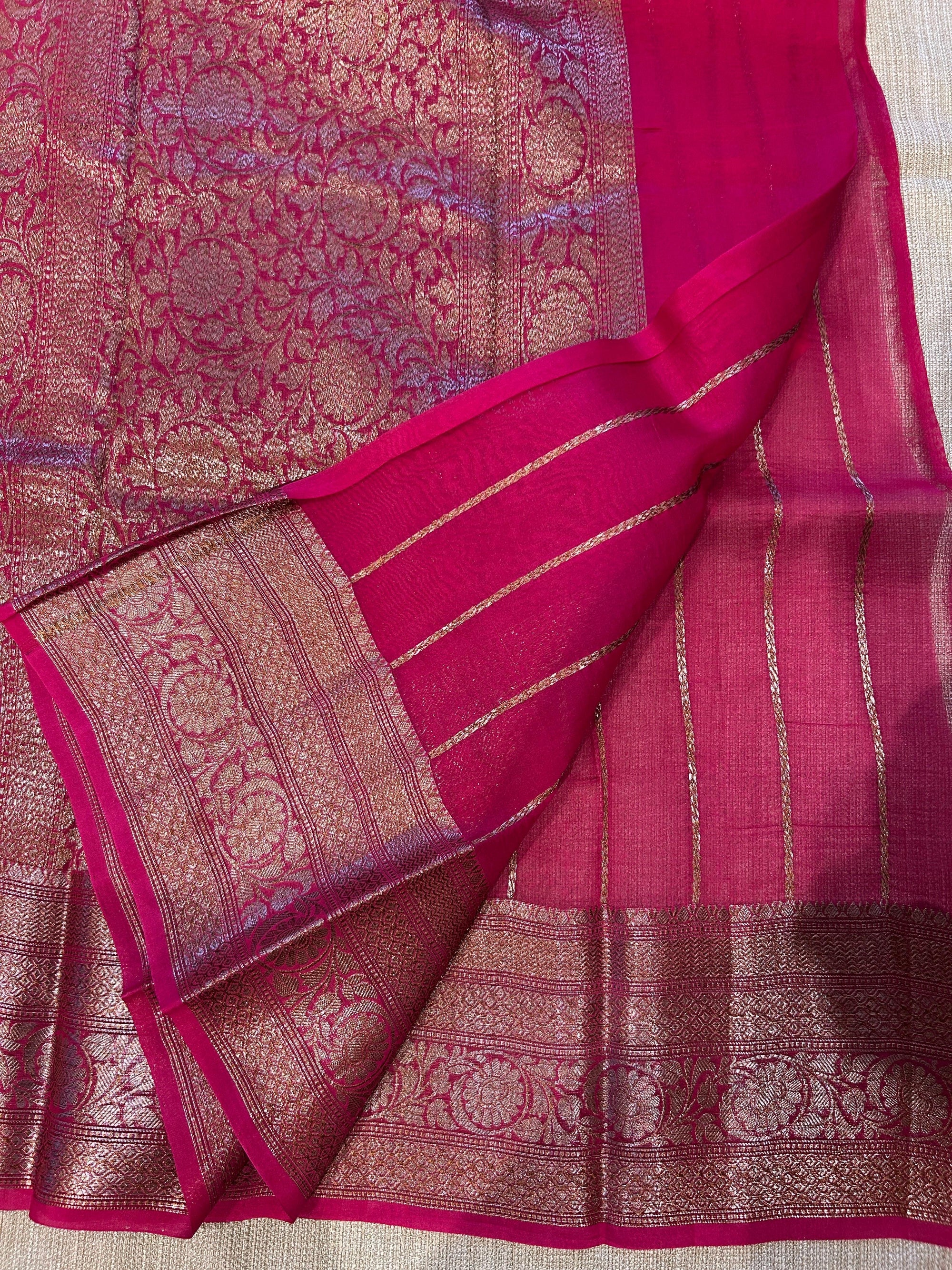 Orange & Ruby Pink Pure Handloom Kora Banarasi Saree