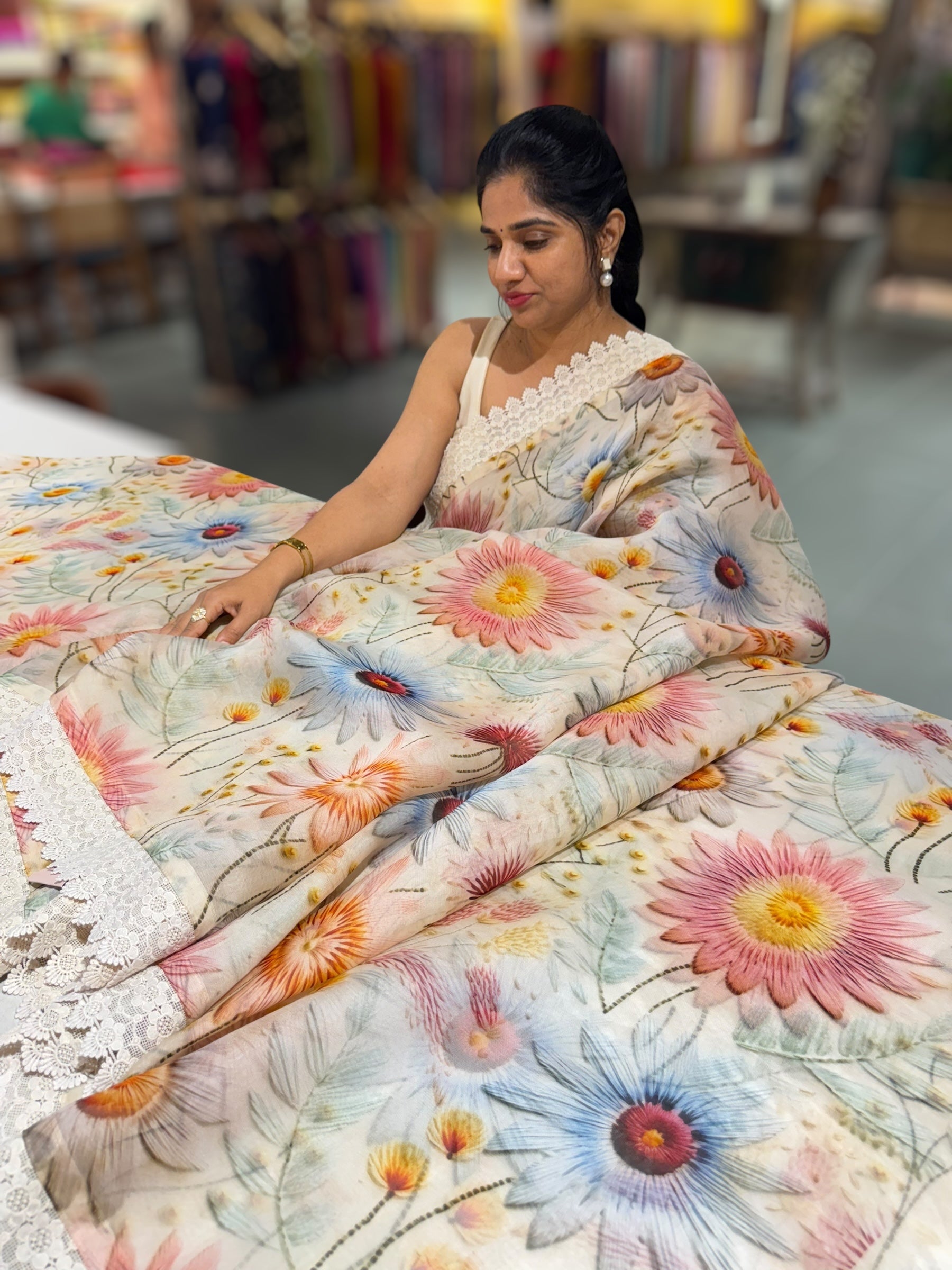 Ivory Organza 3D floral Printed Saree hemlined with crotia lace