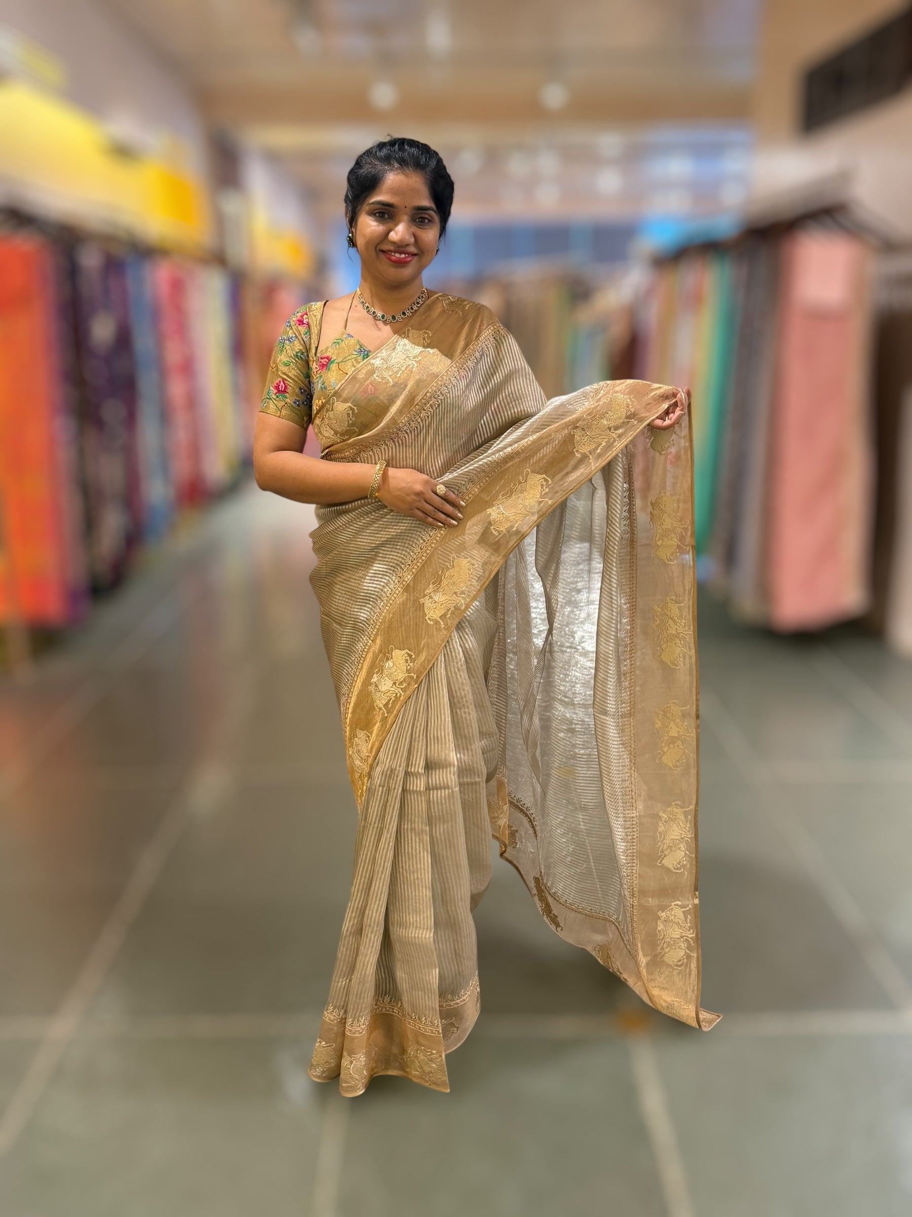 Earthy Grey Kora tissue stripes Saree with Nandi embroidered tissue border