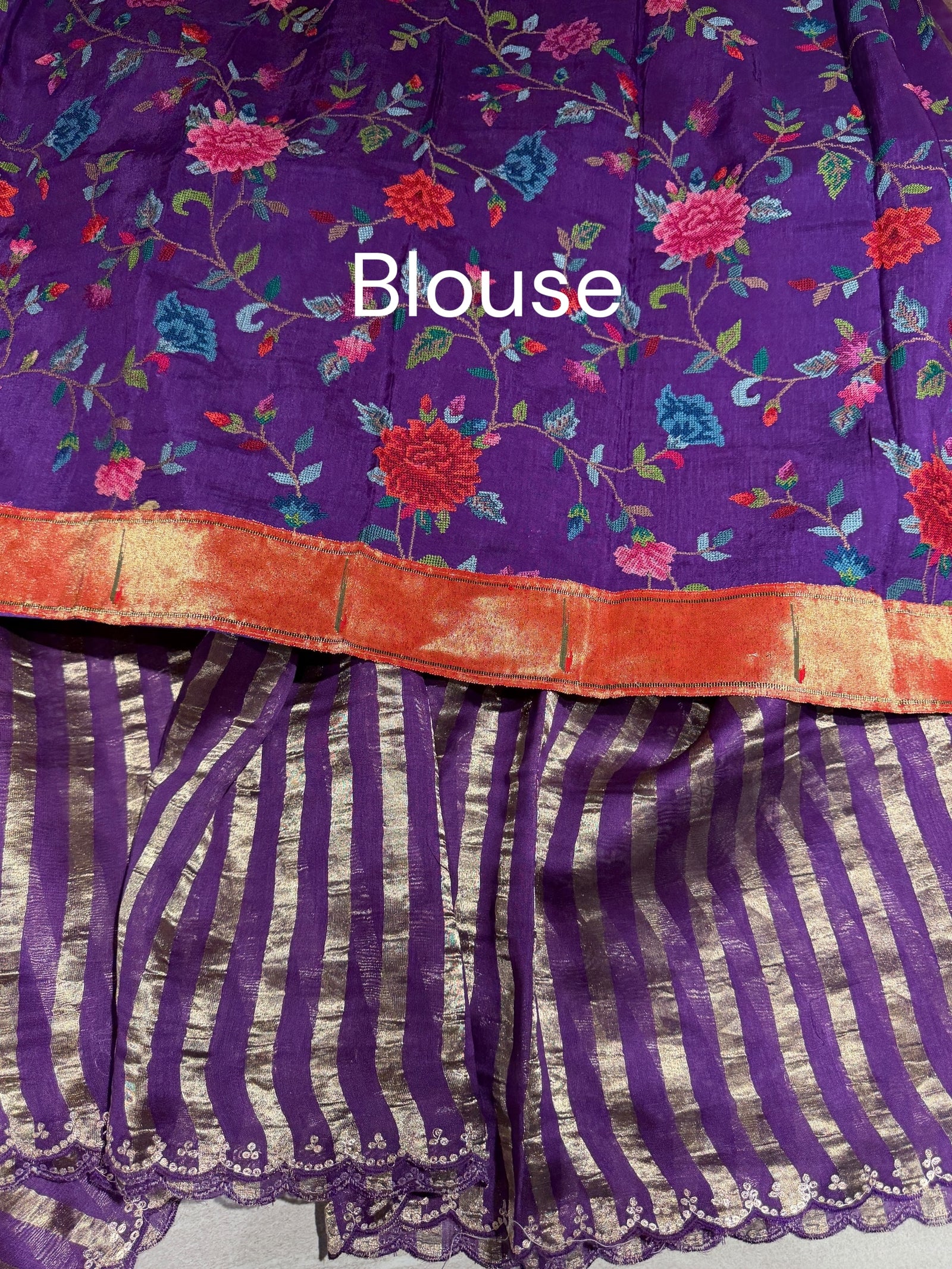 Purple Mul tissue stripes saree with fusion blouse : D62136