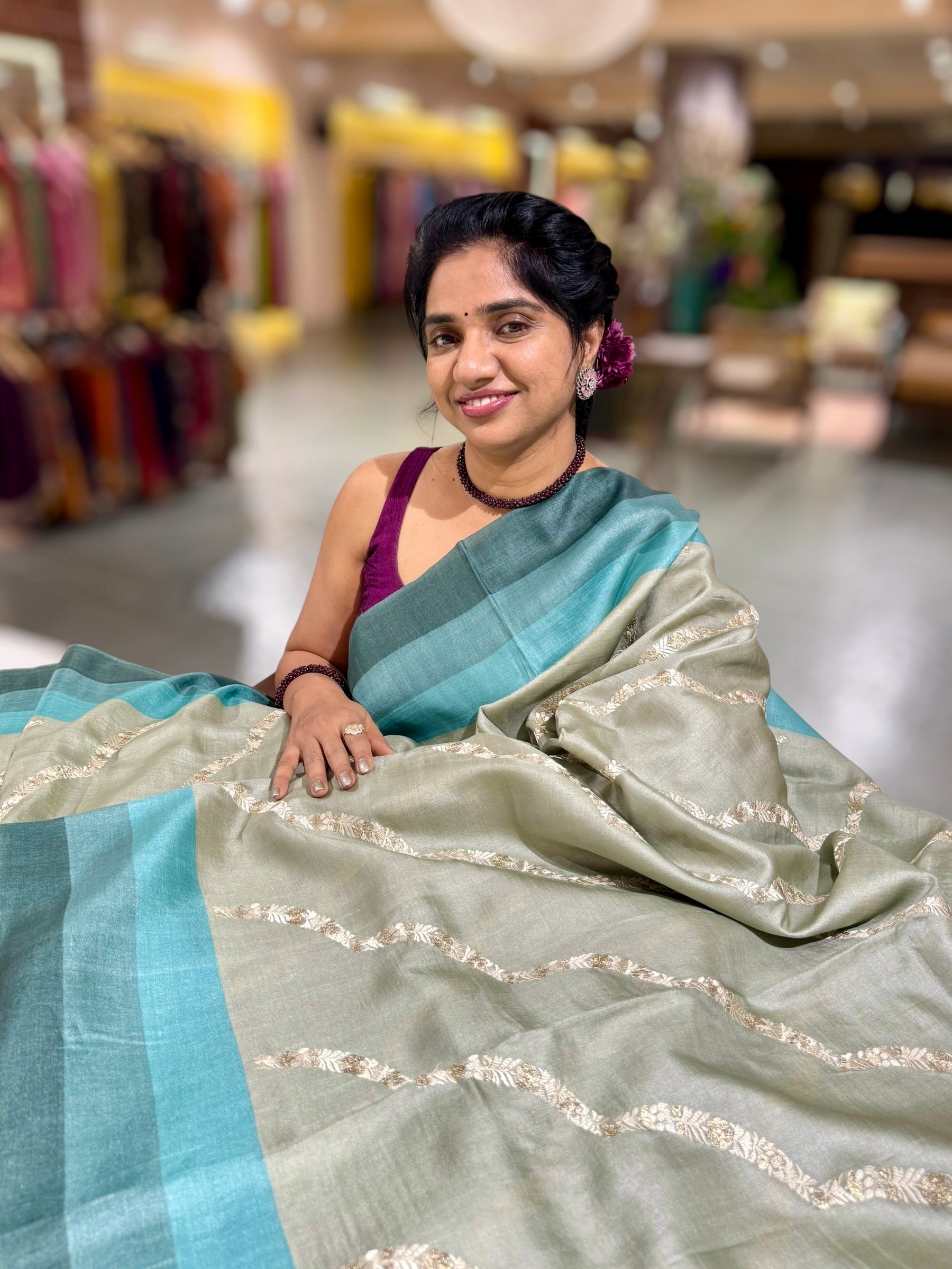 Sage Green  Embroidered Tussar Saree