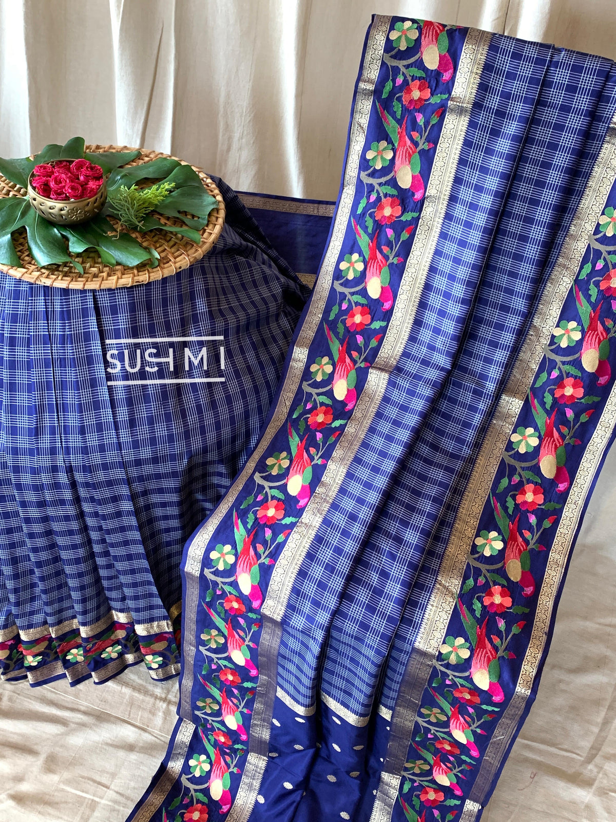 Midnight Blue Vintage checks Kanjeevaram soft silk saree with embroidery D62F040