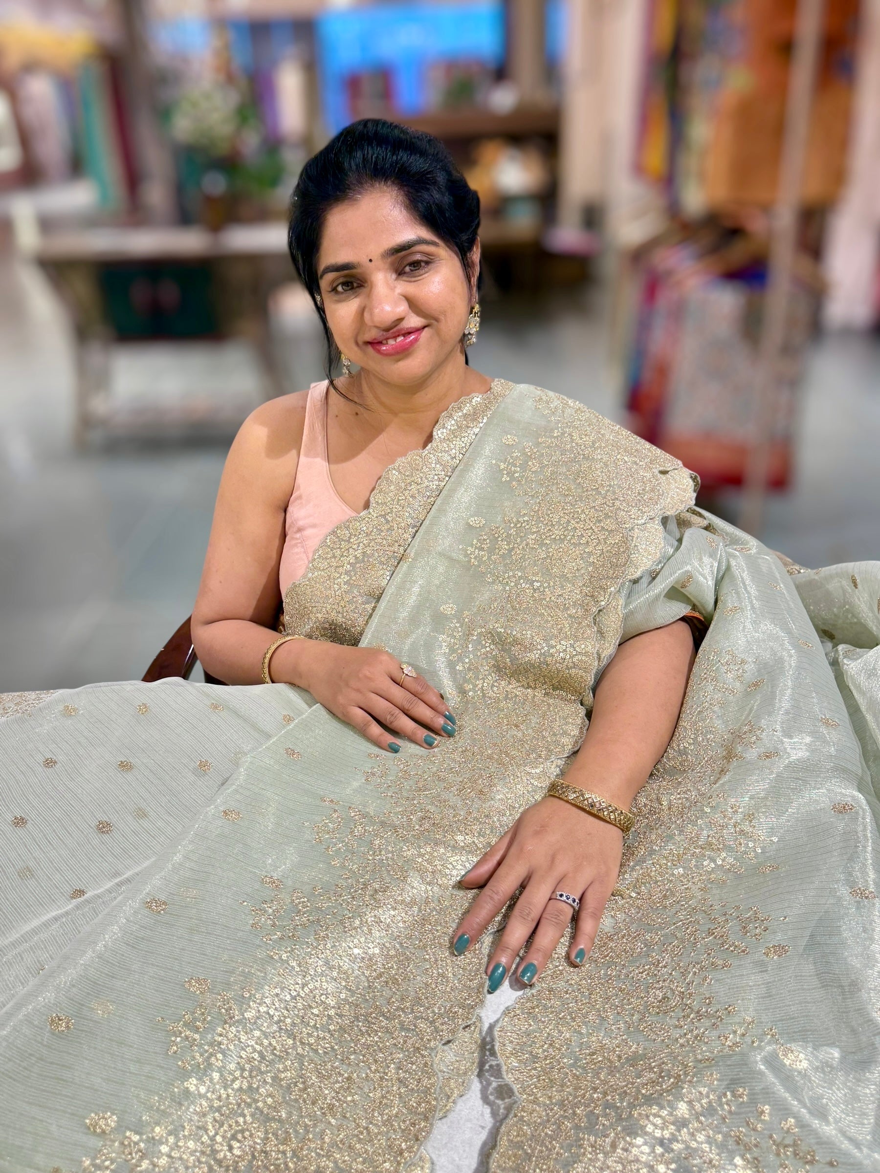 Mint Blue Tissue Saree with Heavy Sequence Embroidered Scallop Border
