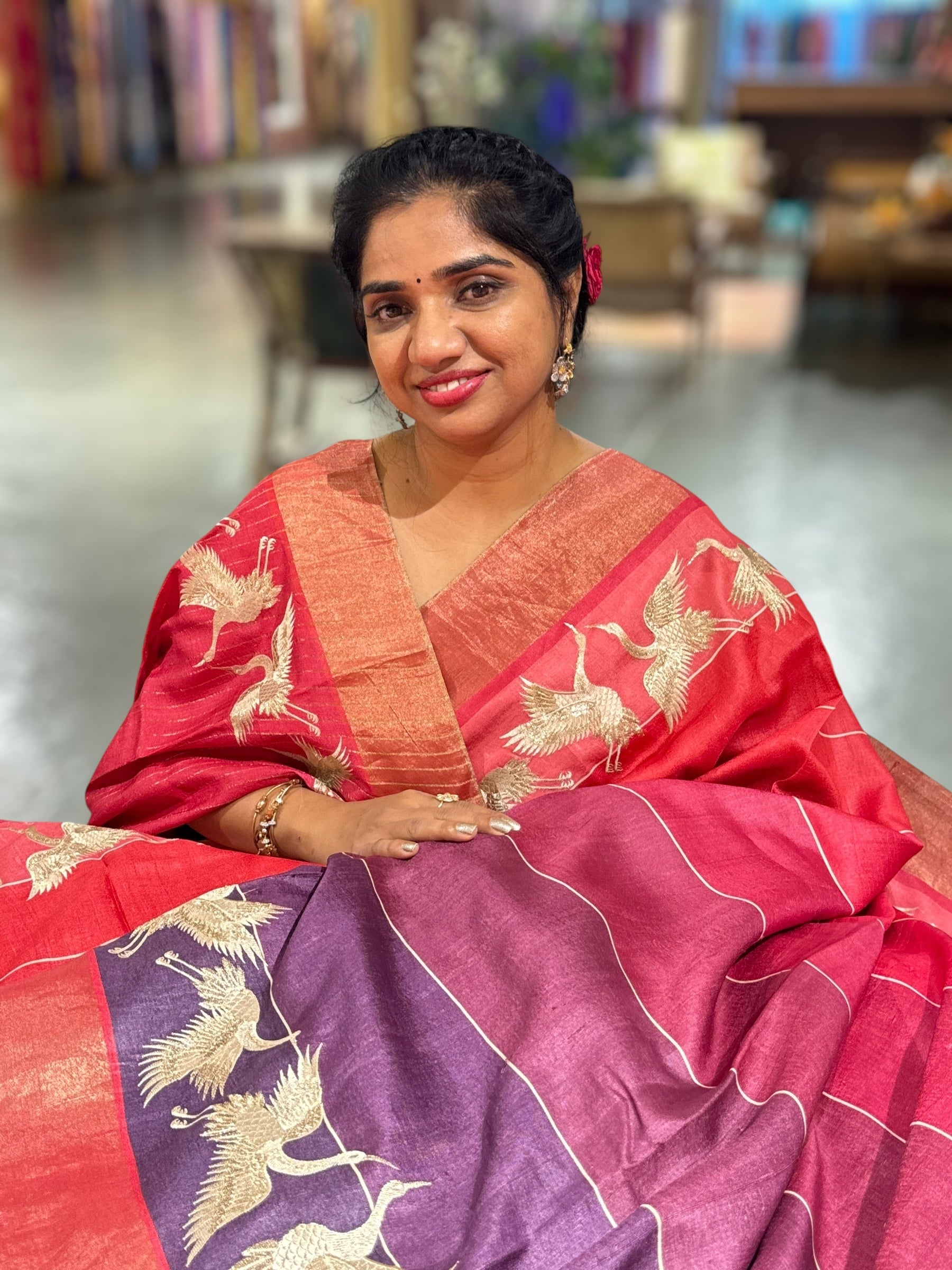 Tussar Rangkaat Saree With Crane Bird  Embroidered Border