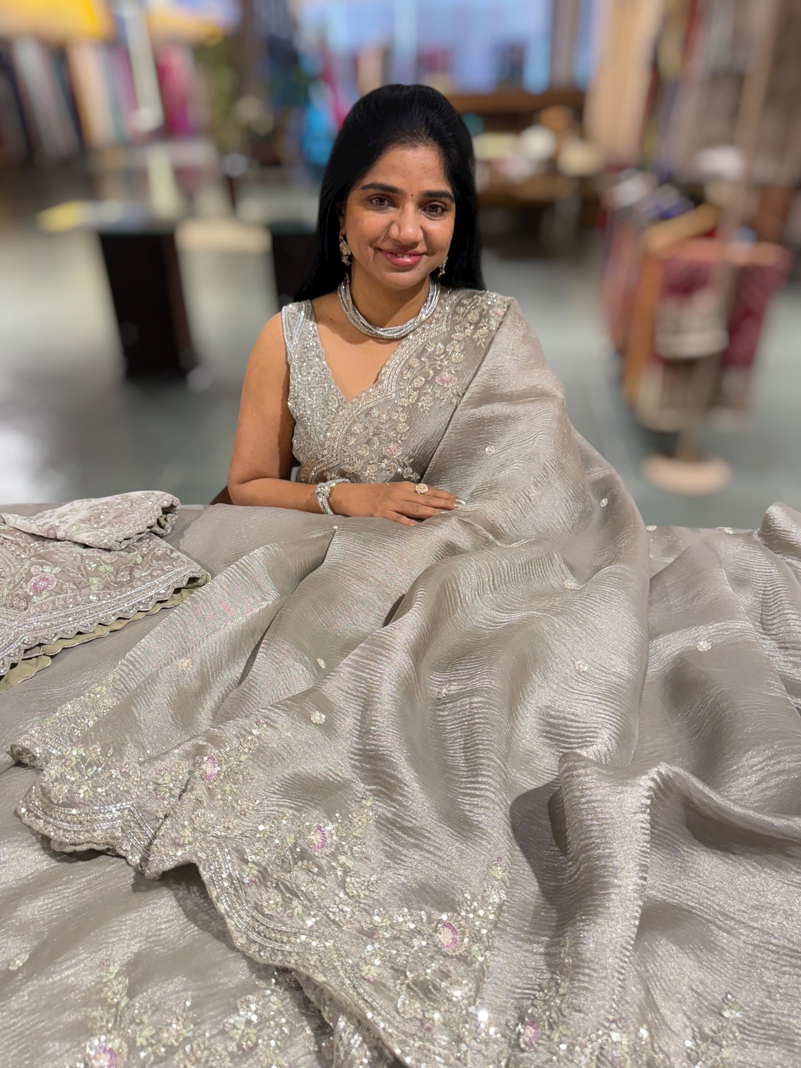 Greyish silver Crush Tissue handwork Saree