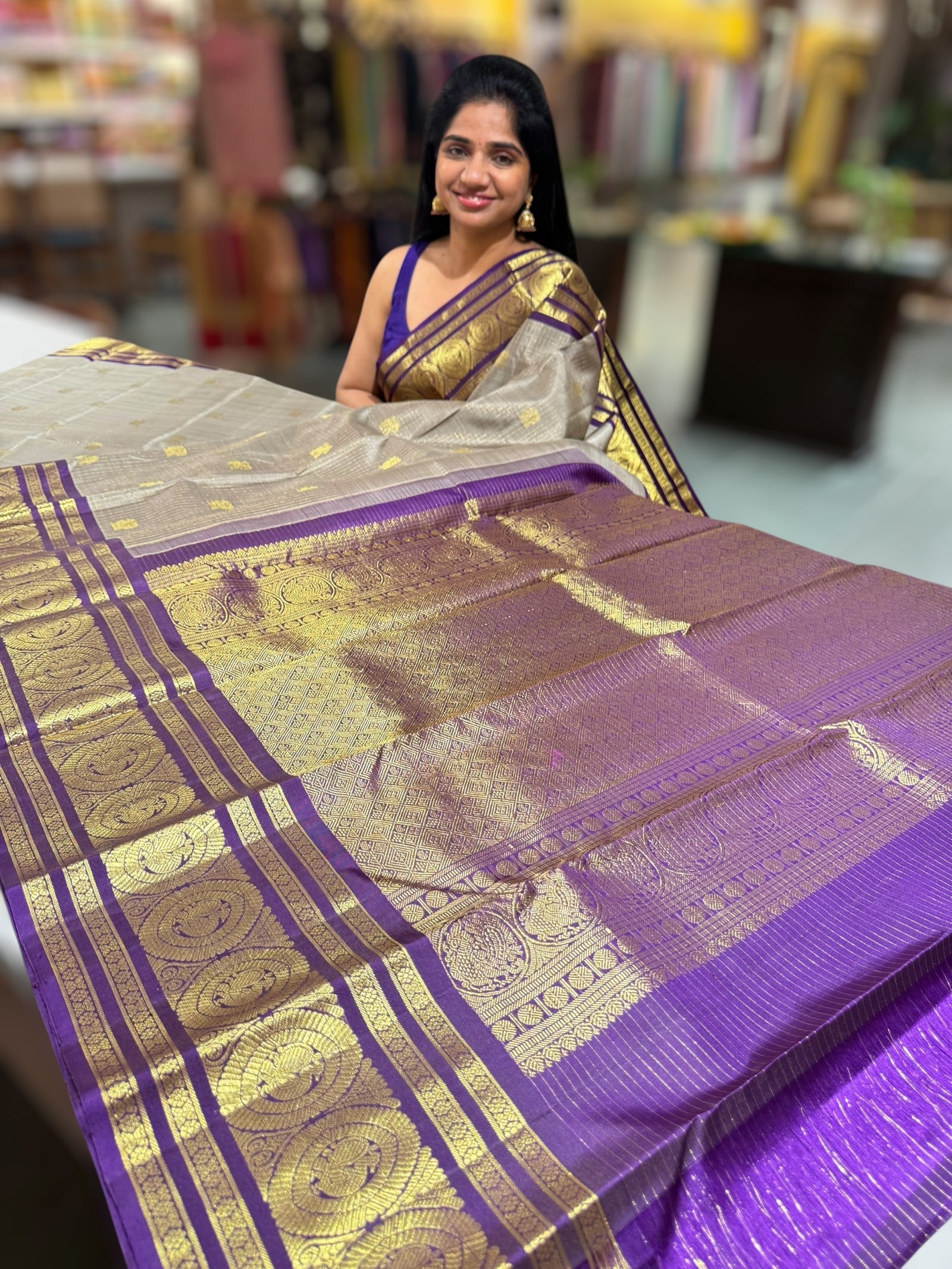 English Grey Vintage kanchi checks  saree