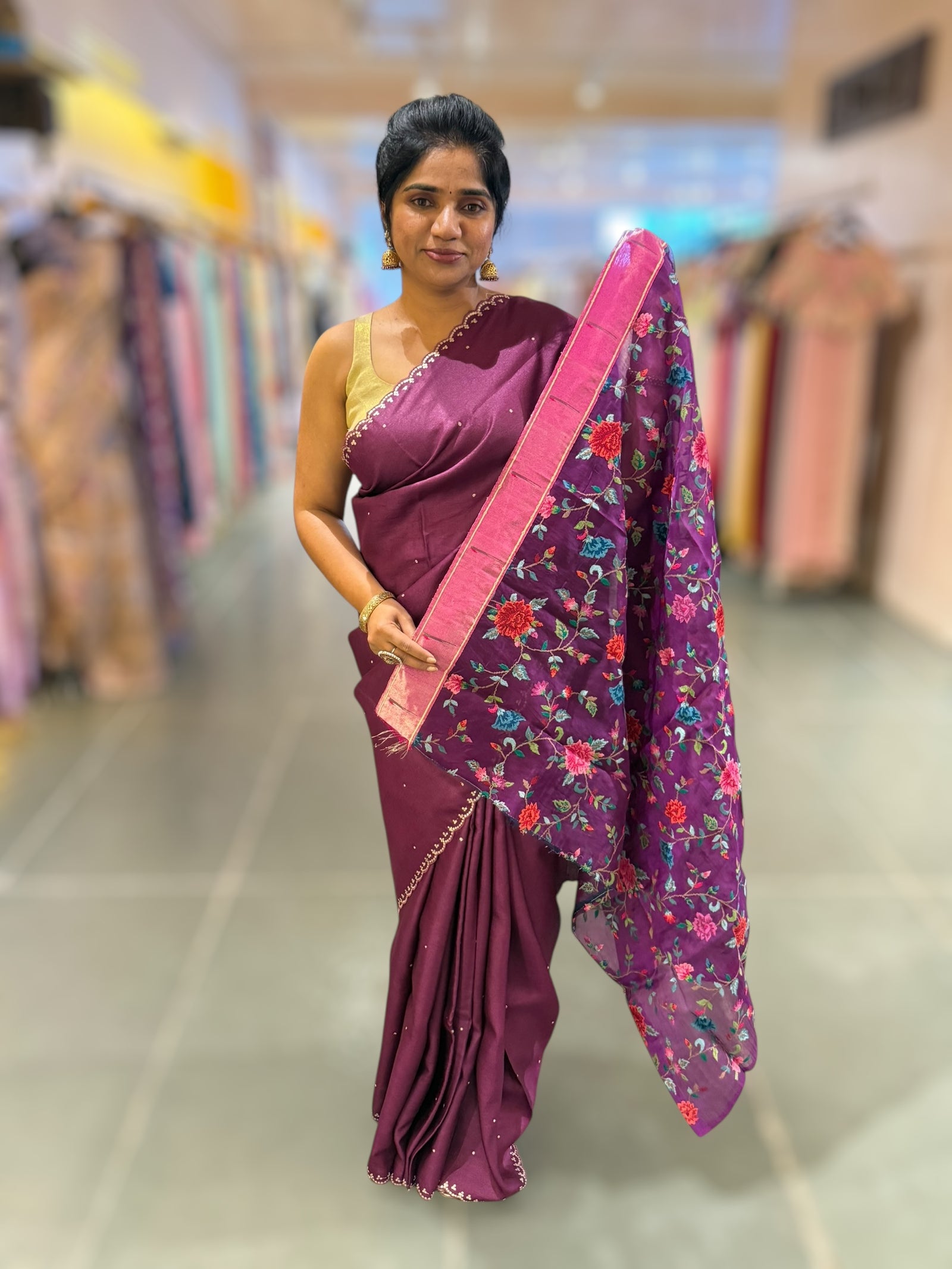 Wine tussar with fusion blouse