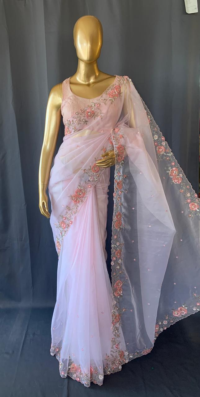 Pastel pink organza heavy handwork saree : DSCL011
