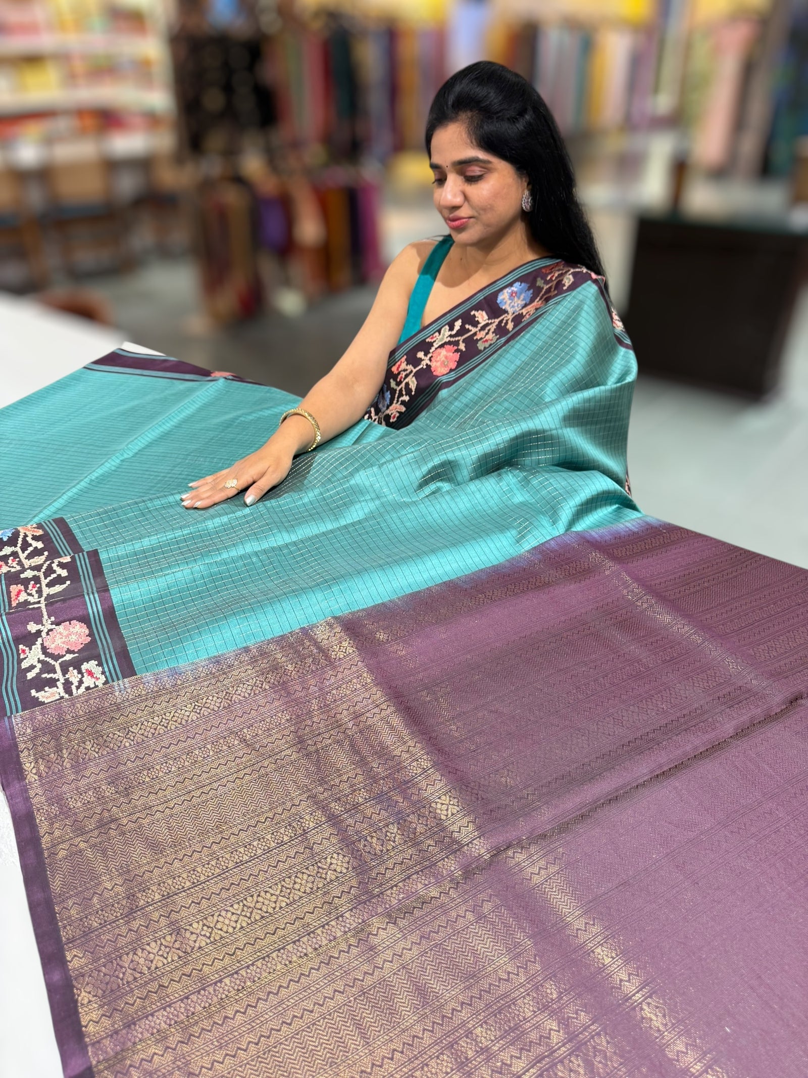Teal & Grape Wine Combo Vintage Kanchi soft silk saree with embroidery