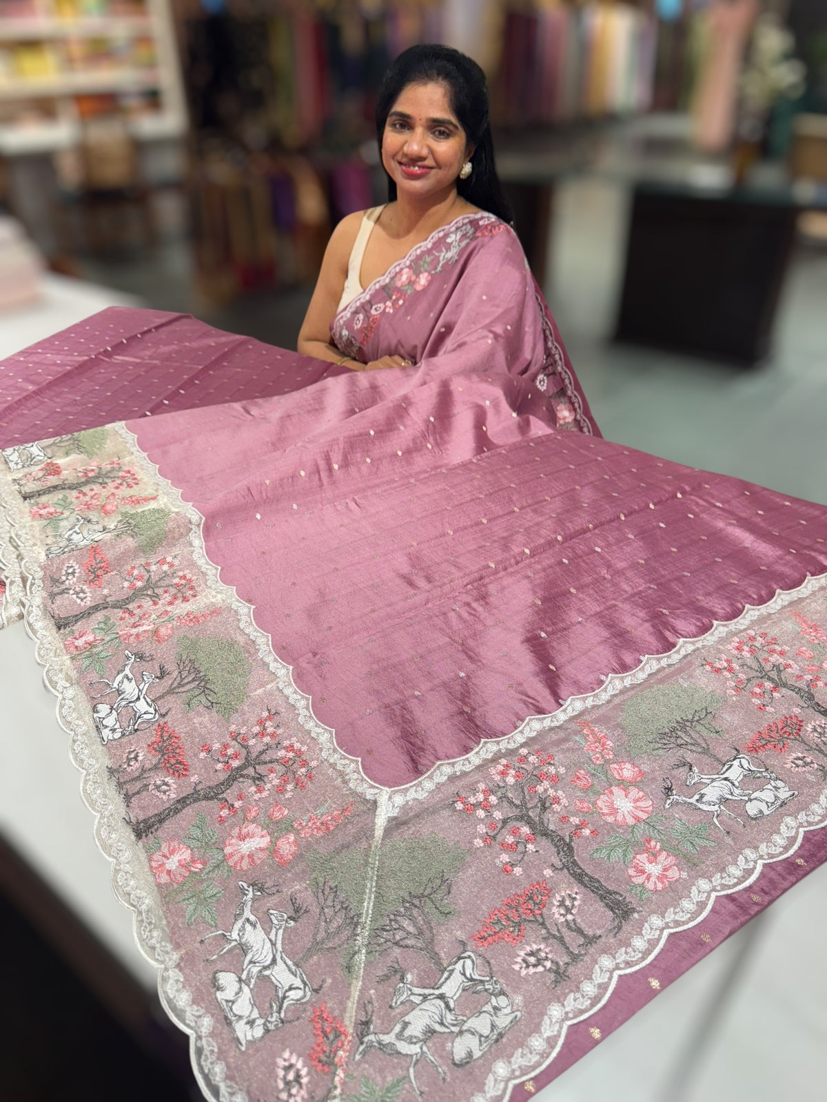 Dusty Pink Designer Chiniya silk saree