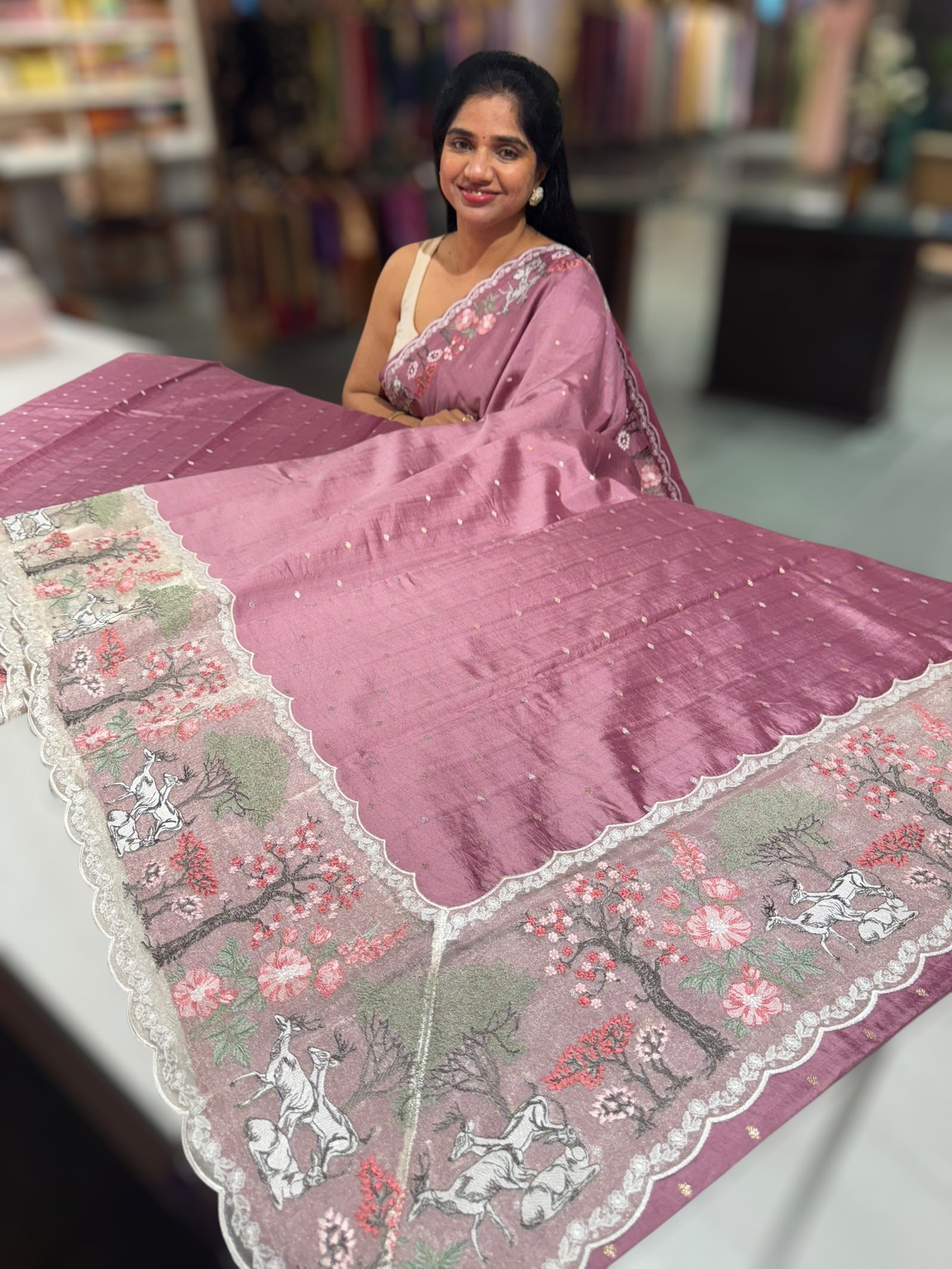 Dusty Pink Designer Chiniya silk saree