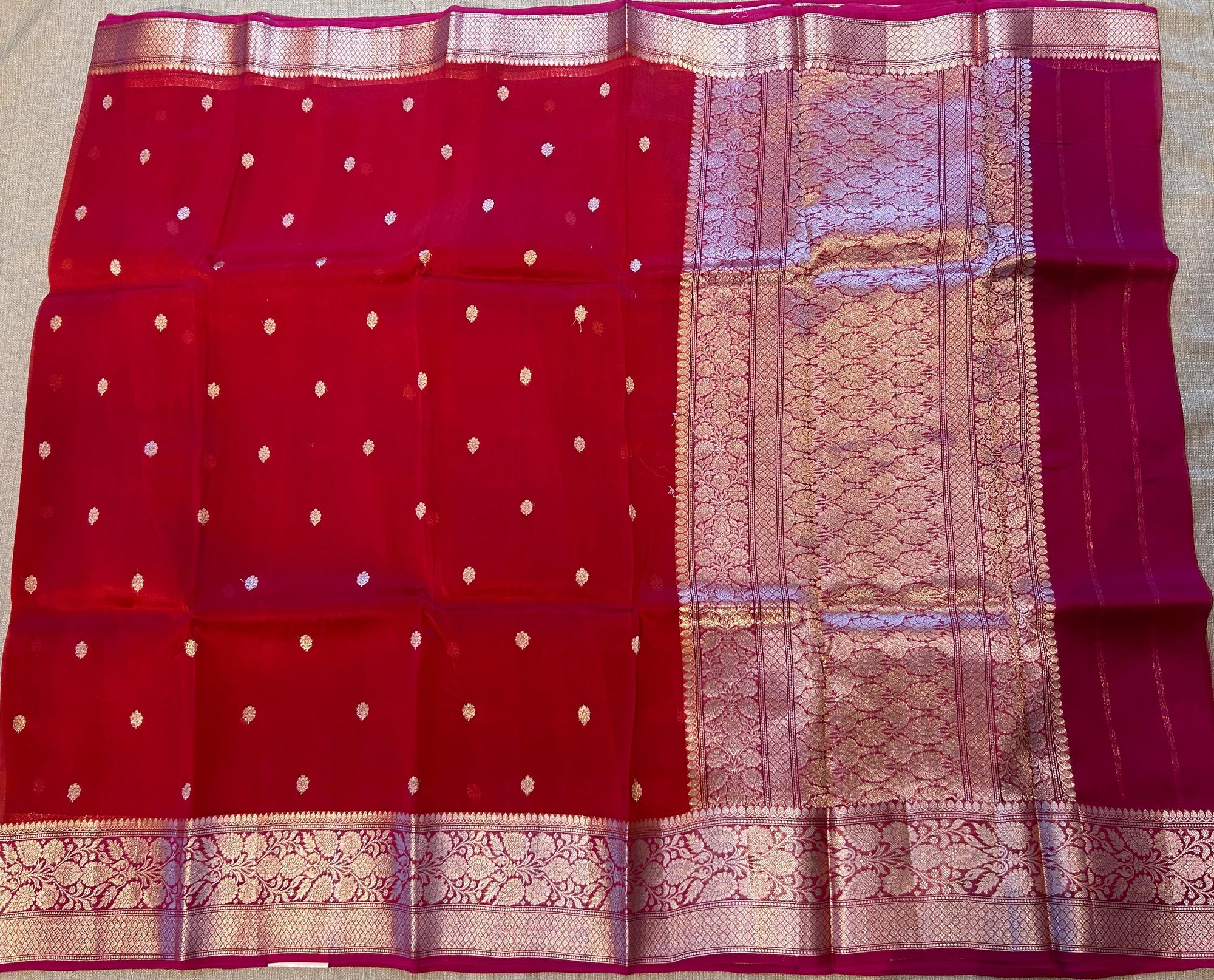 Red with pink Combo Pure Handloom premium Kora Banarasi Saree