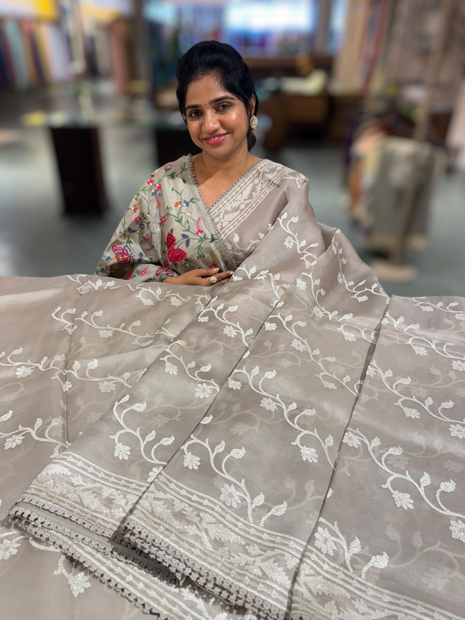 English Grey  Pure Organza with jamdani inspired embroidery