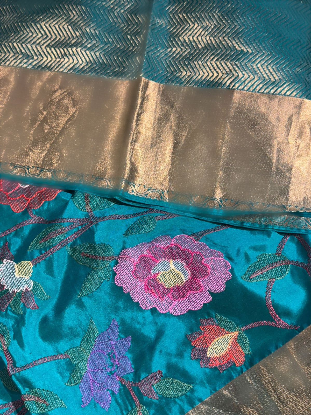 Peacock Green Kanchi Soft Silk Saree with allover jamdani inspired embroidery
