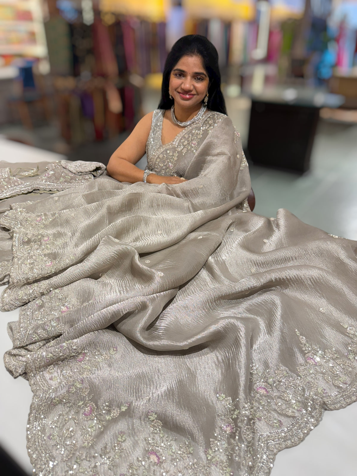 Greyish silver Crush Tissue handwork Saree