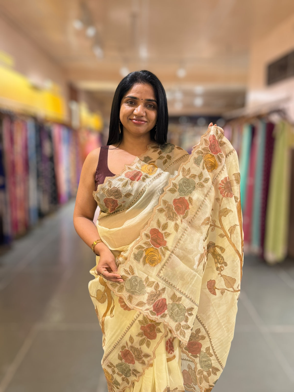 Pastel Yellow Pure Organza Applique Work Saree