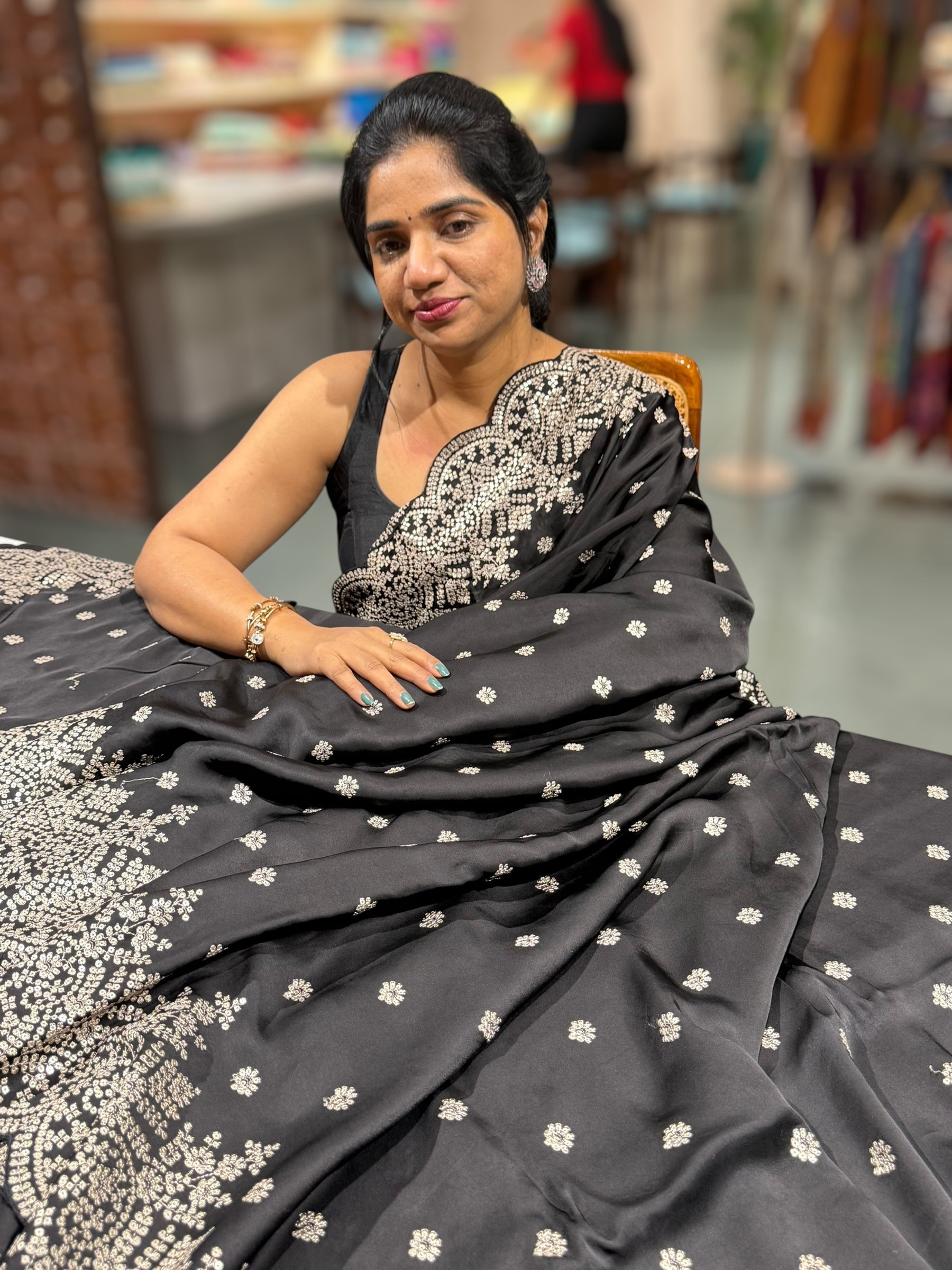 Black Satin Saree with heavy sequnce embroidered scallop Border
