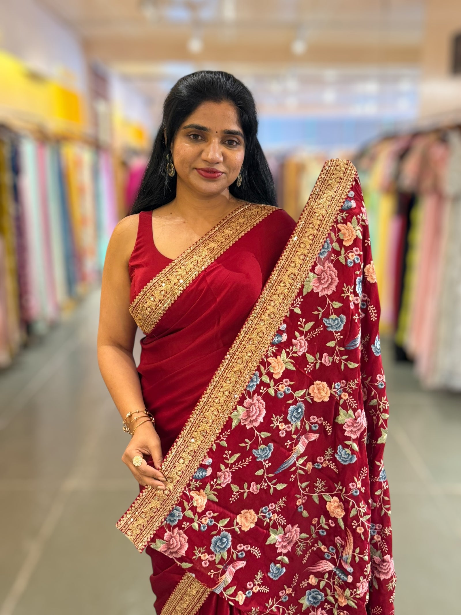 Maroon Red Pure Satin Saree with Sabhyasachi Borders