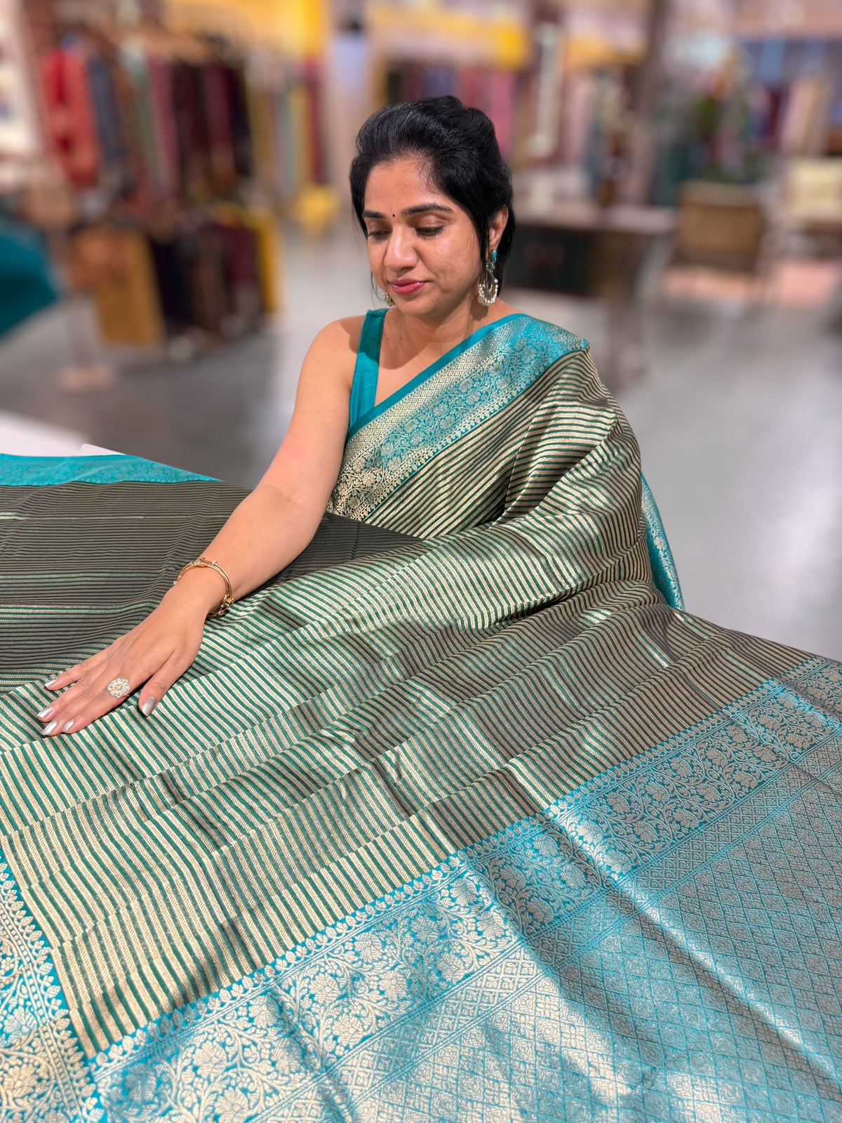 Emerald Green Banarasi Silk Stripes Saree