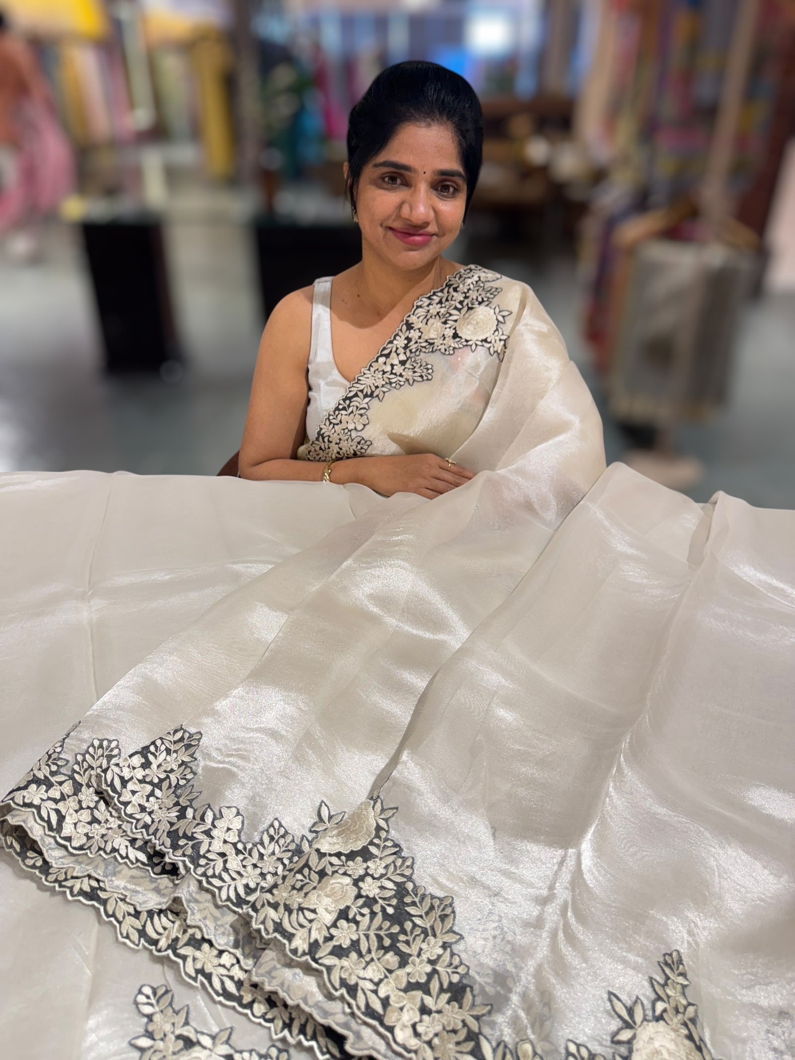 Silver Banarasi Tissue Saree with Parsi gara embroidery