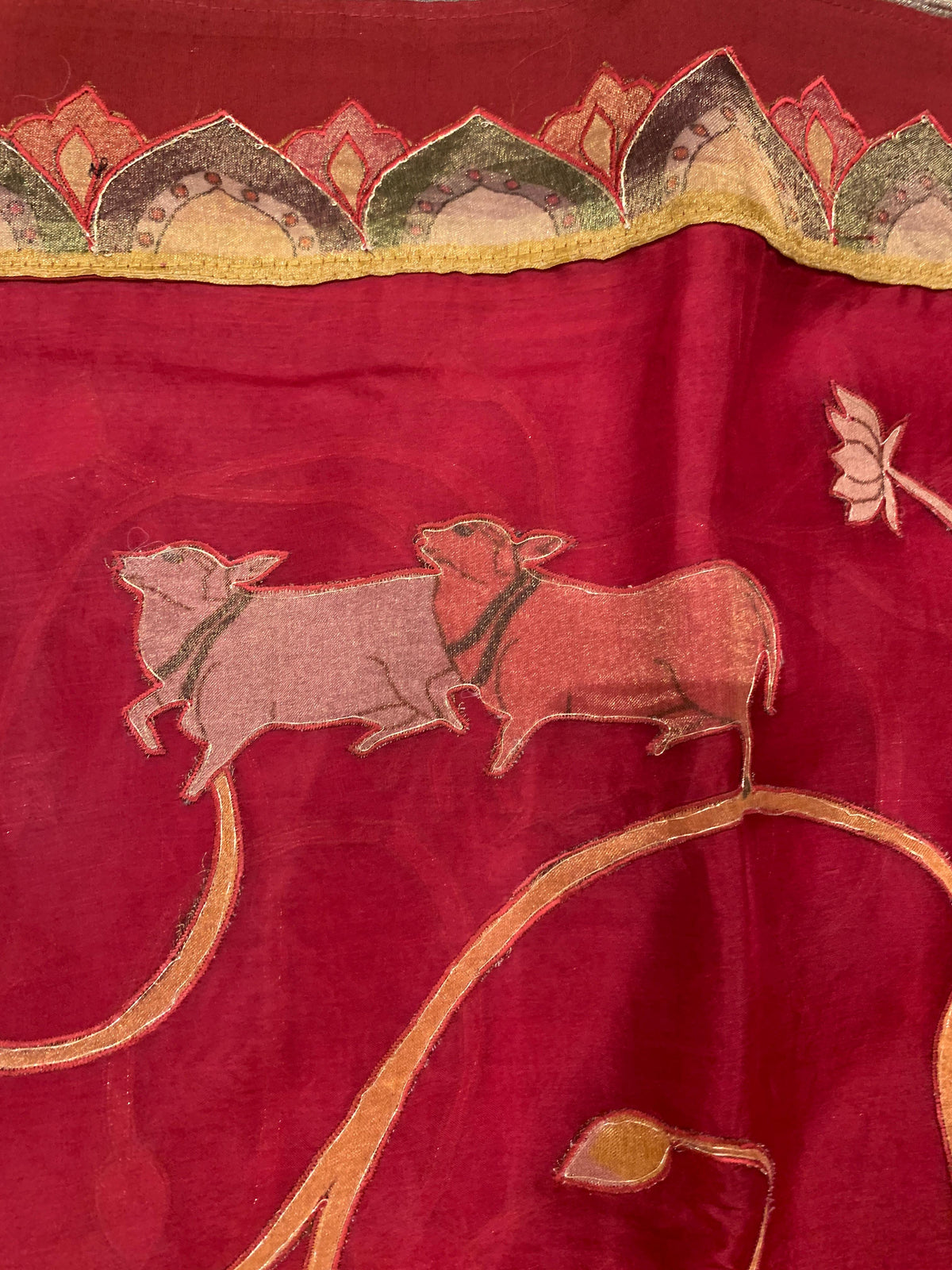 Dark Red Designer Organza Saree with Stunning Tissue Applique work Saree with Village theme