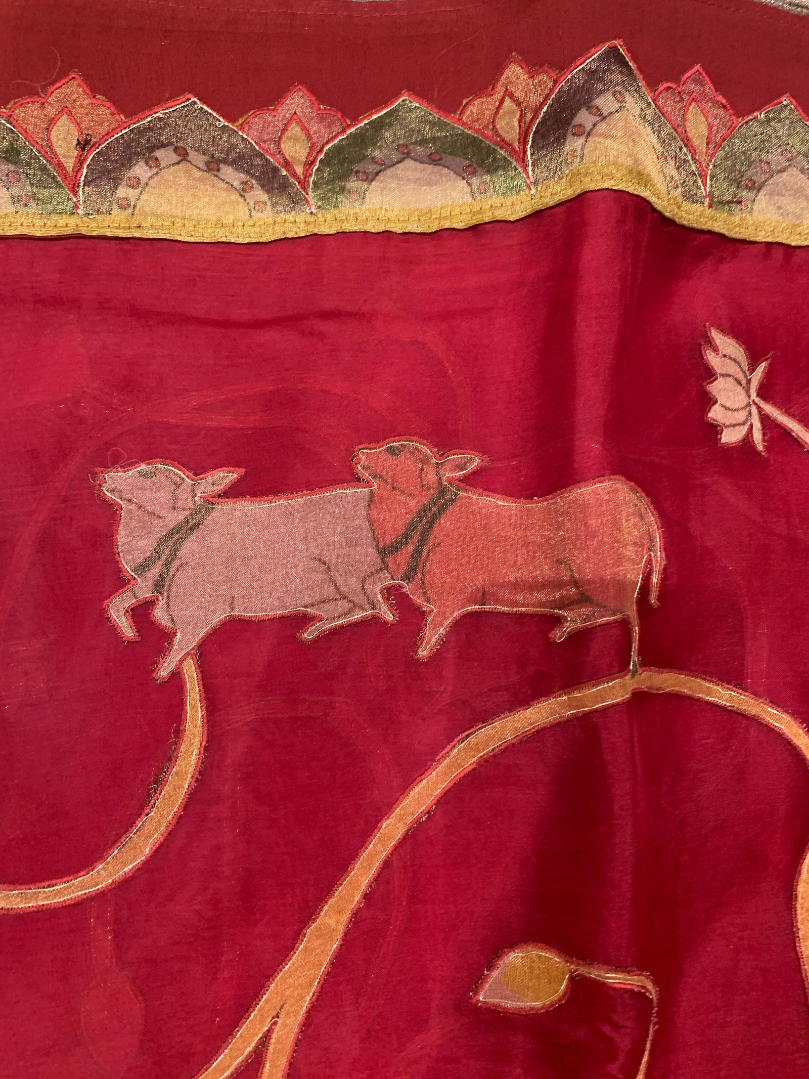 Dark Red Designer Organza Saree with Stunning Tissue Applique work Saree with Village theme