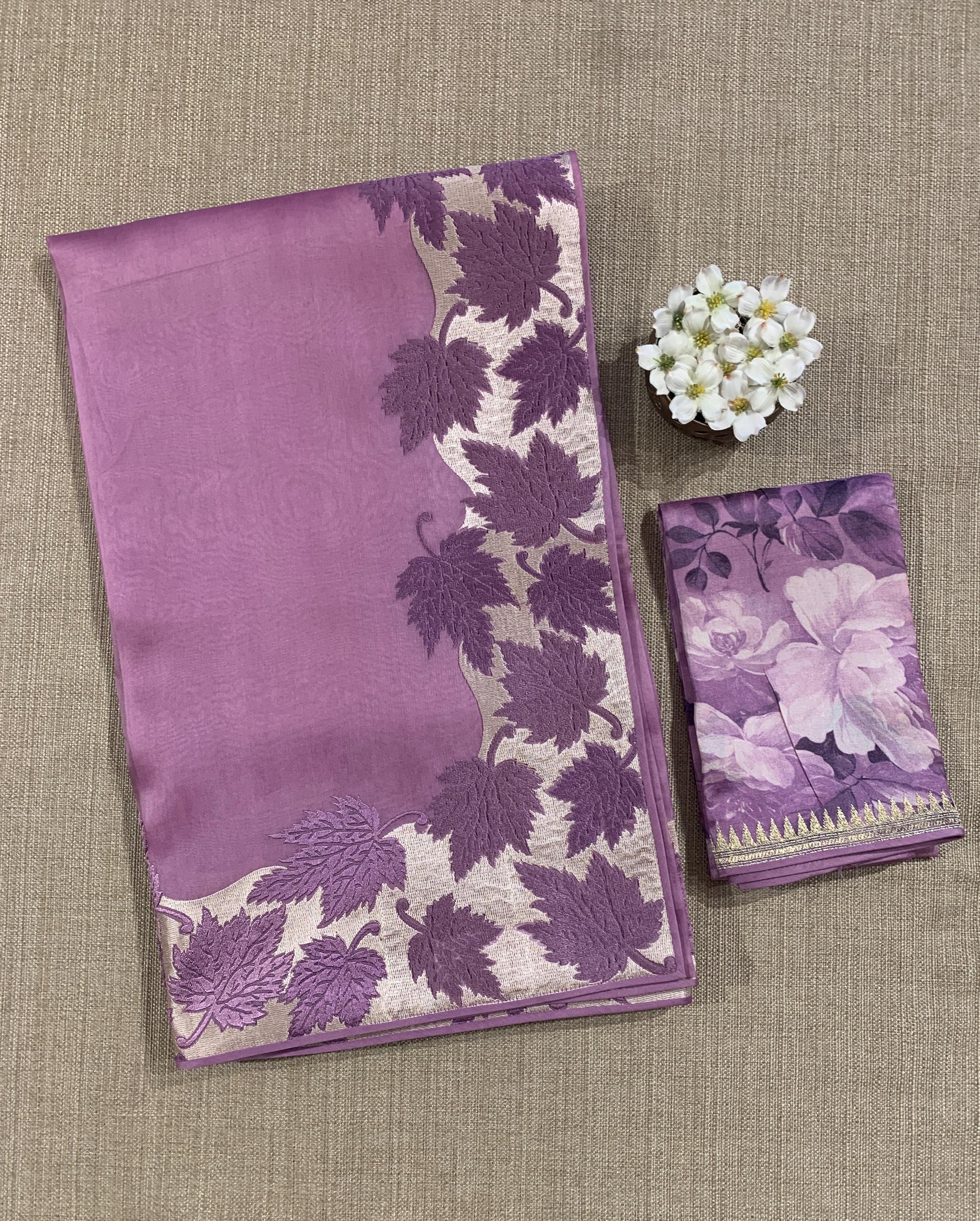 Lilac Organza Saree with Stunning Leaf Embroidered Border
